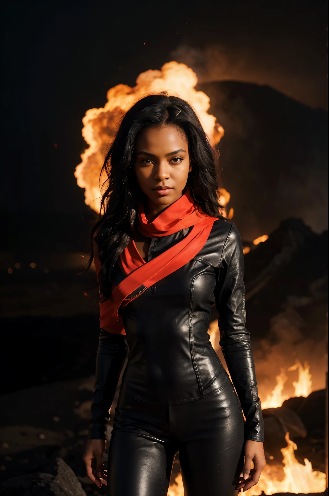 8k, RAW photo, best quality, ultra high resolution, (photorealistic), realistic photo of skinny ebony girl, (slim ebony girl, most beautiful ebony girl in the world, slim face, dark skin, black hair, long curly hair), in the volcanic site, volcanic eruption, lava, fire, danger, (full body portrait), photo from the side, wearing tight black leather costume , (tight black leather costume), wearing red scarf, (neon red scarf), wind blowing the hair, dangerous face, looking at viewer, smirking, (extremely detailed CG unity 8k wallpaper), Sharp focus, (bright white neon light)