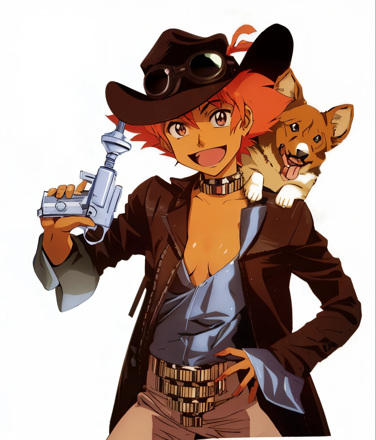 anime character with a gun and a dog, cyber space cowboy,cowboy bebop art style, anime, cleavage, small breasts