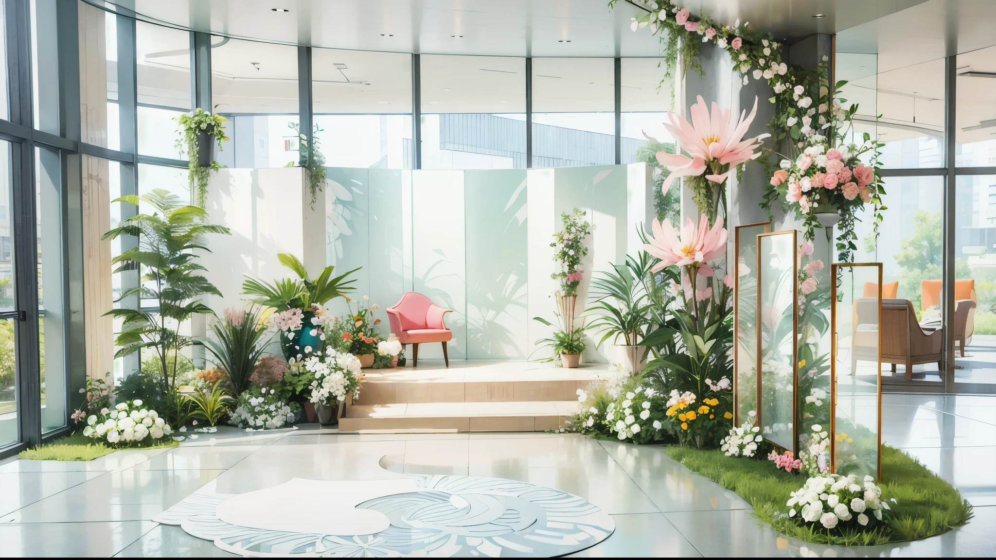 3D rendering of a floral installation art in the lobby of an office building with white walls and glass, green, watercolour, light blue-green, floor plan, sofas, arches, big pink ruffles, pillars, wedding, HD quality, high detail, very detailed, fine, architectural shots, surrealism, Unreal Engine 5