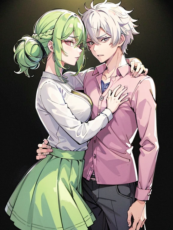 ((obra maestra de anime TV)), (enfoque medio cuerpo), (ojos bien detallados), Pareja heterosexualchico y chica adultos, varias poses juntos, you can see the mutual attraction, chica Fox pelo largo blanco o gris, radiante iris eyes brillan del ojo verde, ropa casual, chico pelo corto bicolor, rostro masculino, eyes are also bright red eyes and radiant black, ropa casual, -auto...