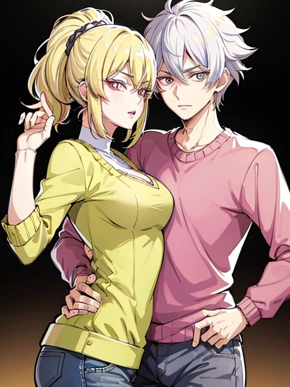 ((obra maestra de anime TV)), (enfoque medio cuerpo), (ojos bien detallados), Pareja heterosexualchico y chica adultos, varias poses juntos, you can see the mutual attraction, chica Fox pelo largo blanco o gris, radiante iris eyes brillan del ojo verde, ropa casual, chico pelo corto bicolor, rostro masculino, eyes are also bright red eyes and radiant black, ropa casual, -auto...