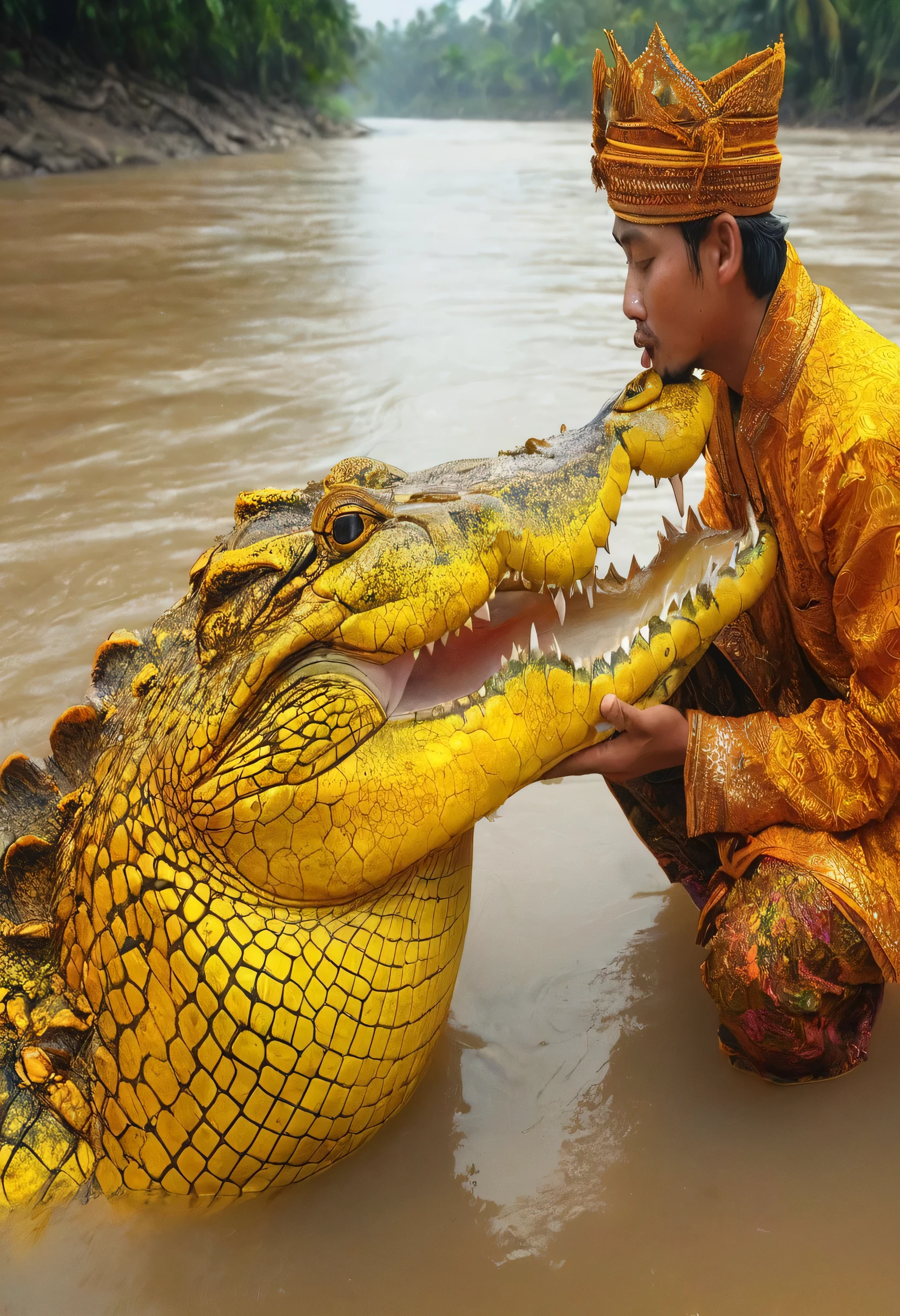 Seekor buaya warna kuning seluruhnya sedang berada di tepi sungai, airnya agak keruh, ada seorang pria wajah asli indonesia lokal berpakain seperti panglima kerajaan adat kalimantan selatan sedang mencium buaya kuning itu,sangat realistis, sangat details,ultra HD, FULL HDR 