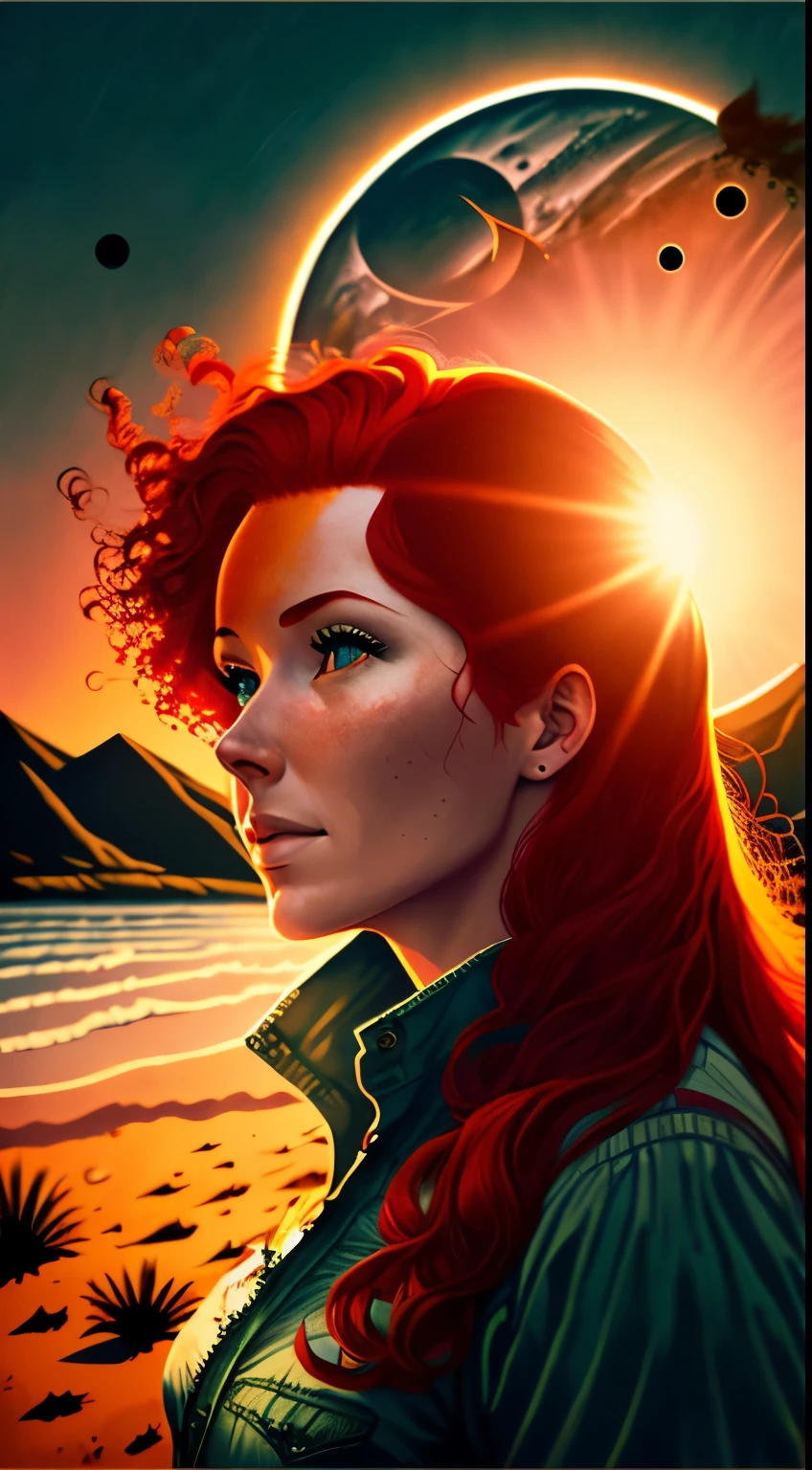 Full solar eclipsed sun, and redheaded woman on land, looking at the eclipse.