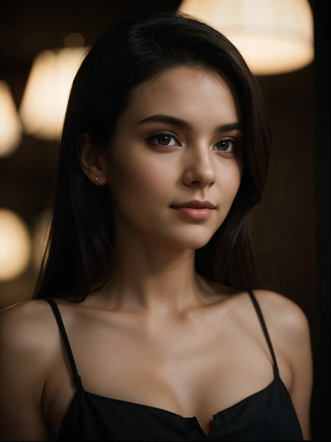 (close-up, editorial photograph of a 20 yo woman from the 1940's), (highly detailed face:1.4) (smile:0.7) (background inside dark, moody, private study:1.3) POV, by lee jeffries, nikon d850, film stock photograph ,4 kodak portra 400 ,camera f1.6 lens ,rich colors ,hyper realistic ,lifelike texture, dramatic lighting , cinestill 800,