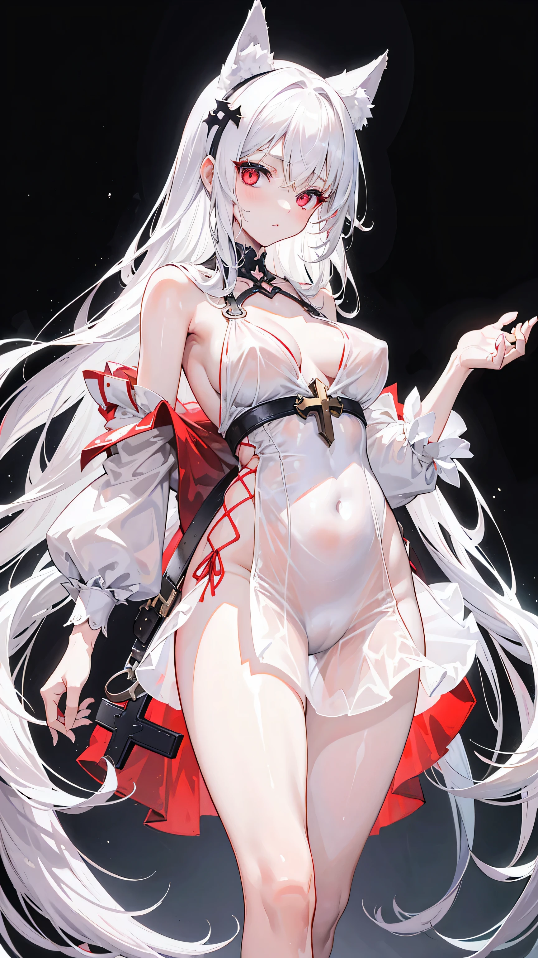 Girl with cat ears on her head,long white hair,red eyes,Sexy sheer colonial dress, Perfect body, clear , Well-defined clavicle, Surreal, lifelike, detailed, perky transparent nipples, wet clothes(whole body:1.1),cross,Holy,best quality,exposing her breasts,mini skirt,Gorgeous church background with extreme details