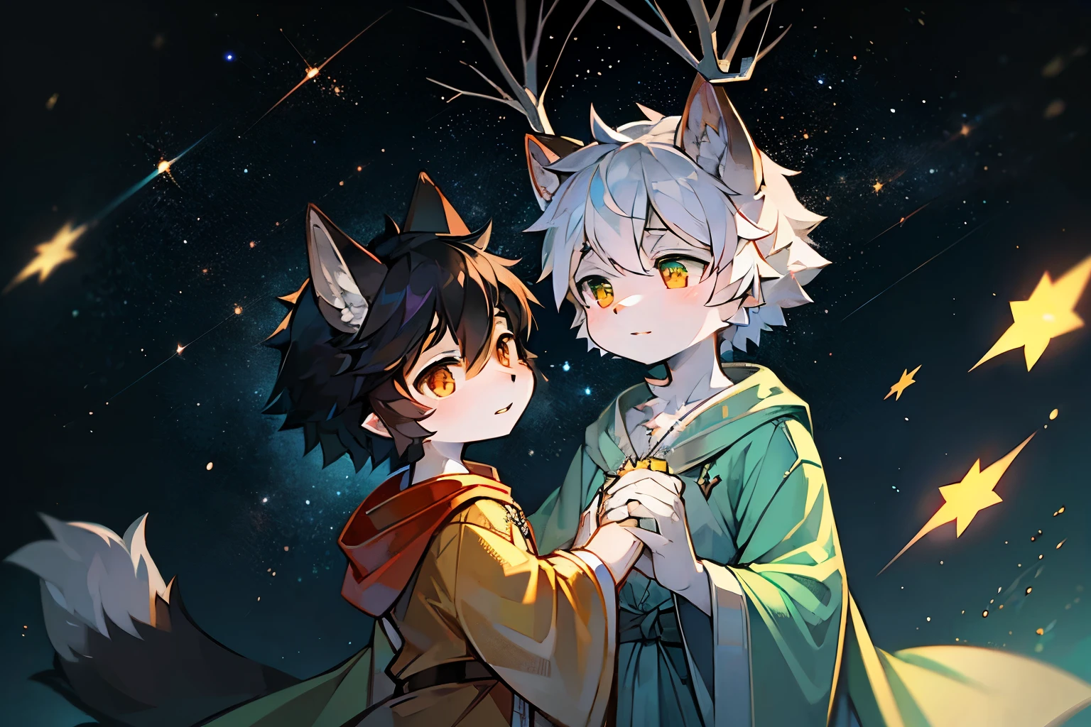 A white deer with green pupils and white hair,A wolf with black hair and orange eyes,white robe,Imaginative picture,Flying in space,Brilliant Milky Way,Green pupils,Star,flowing robe,Fluttering robes,holding a hand,Lovely shota,hangs in the air,Double,Turquoise robe,orange robe