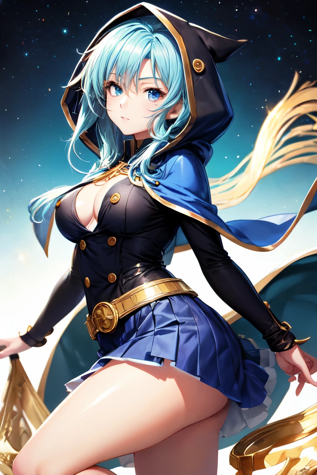 ((Mejor calidad)), ((obra maestra)), (detallado), cara perfecta, young girl, 1.58 cm girl, light blue hair, light blue eyes, serene look, light skin, medium breasts, D cup breasts, ((dark blue shirt with gold buttons)), white hooded cape with gold edges, black skirt, boots black, lower half of face covered by hood, anime high school DxD art style