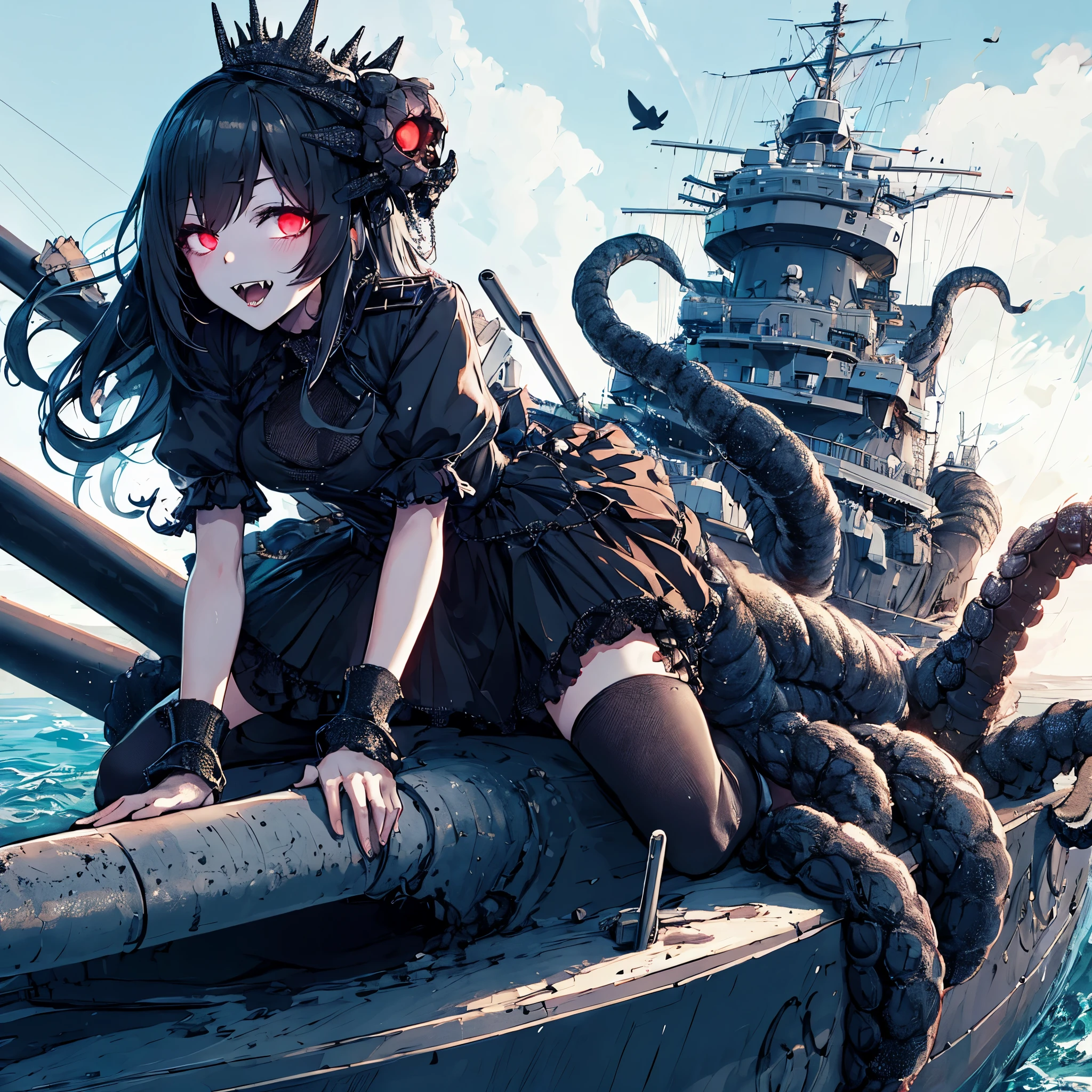 A girl crawling on top of a battleship. She is a Cyclops girl. A turret baring her fangs. Gothic dress. abyssal fleet. Tentacles wrapped around the ship.