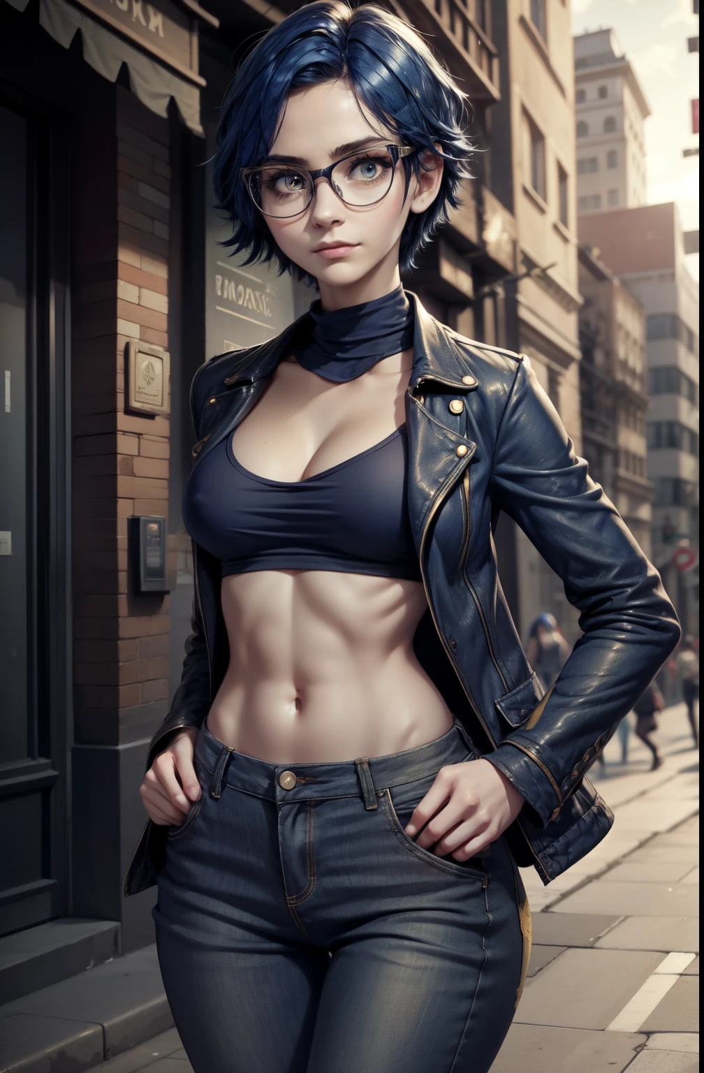 deep realistic shadows, detailed eyes, full height, (high quality), high detailed background, masterpiece, high detailed face, high detailed finger, older girl, (glasses:1.3), (dark blue hair:1.4), (huge ahoge:1.3), (perfect yellow eyes:1.2), disheveled bobcut, (skinny body:1.3), slim waist and hips, long fit slender legs, accurate small breast, nipples trough clothes, (realistic style), naked jacket, very thight low waist pants, cropped thight jacket, (detailed), tomboys, european girls, cityscape 