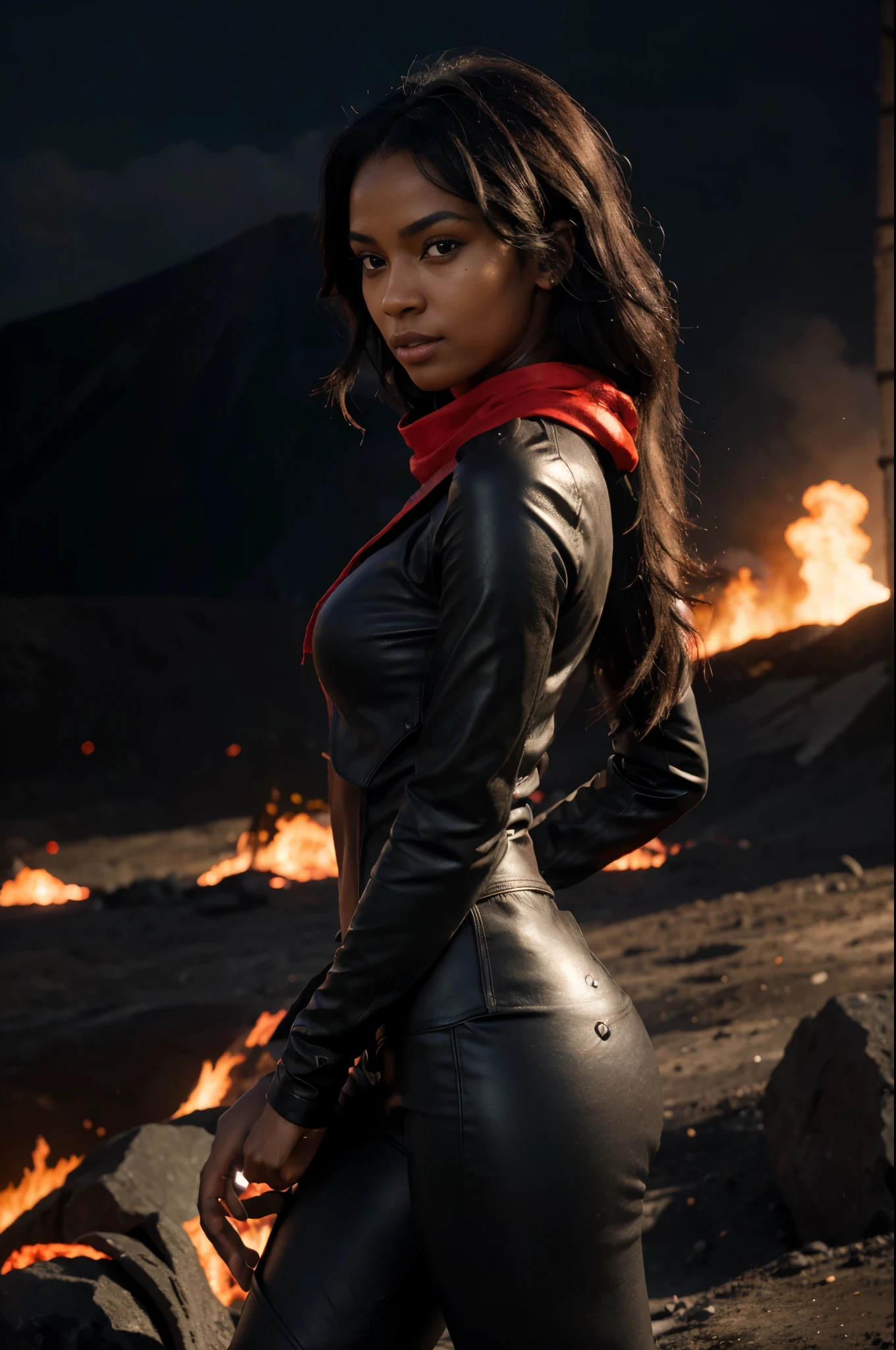 8k, RAW photo, best quality, ultra high resolution, (photorealistic), realistic photo of skinny ebony girl, (slim ebony girl, most beautiful ebony girl in the world, slim face, dark skin, black hair, long curly hair), in the volcanic site, volcanic eruption, lava, fire, danger, (full body portrait), photo from the side, wearing tight black leather costume , (tight black leather costume), wearing red scarf, (neon red scarf), wind blowing the hair, dangerous face, looking at viewer, smirking, (extremely detailed CG unity 8k wallpaper), Sharp focus, (bright white neon light)