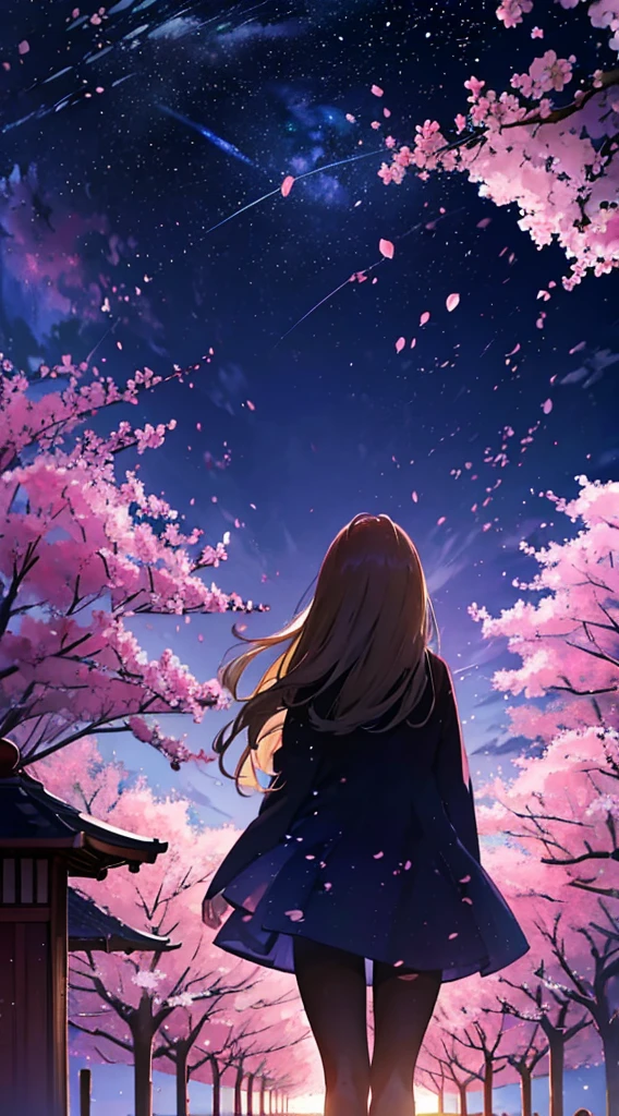 1people,blonde long hair,silhouette, Rear view,space sky, milky way, anime style, Light Post, cherry blossoms,夜cherry blossoms,辺り一面に舞うcherry blossoms吹雪,