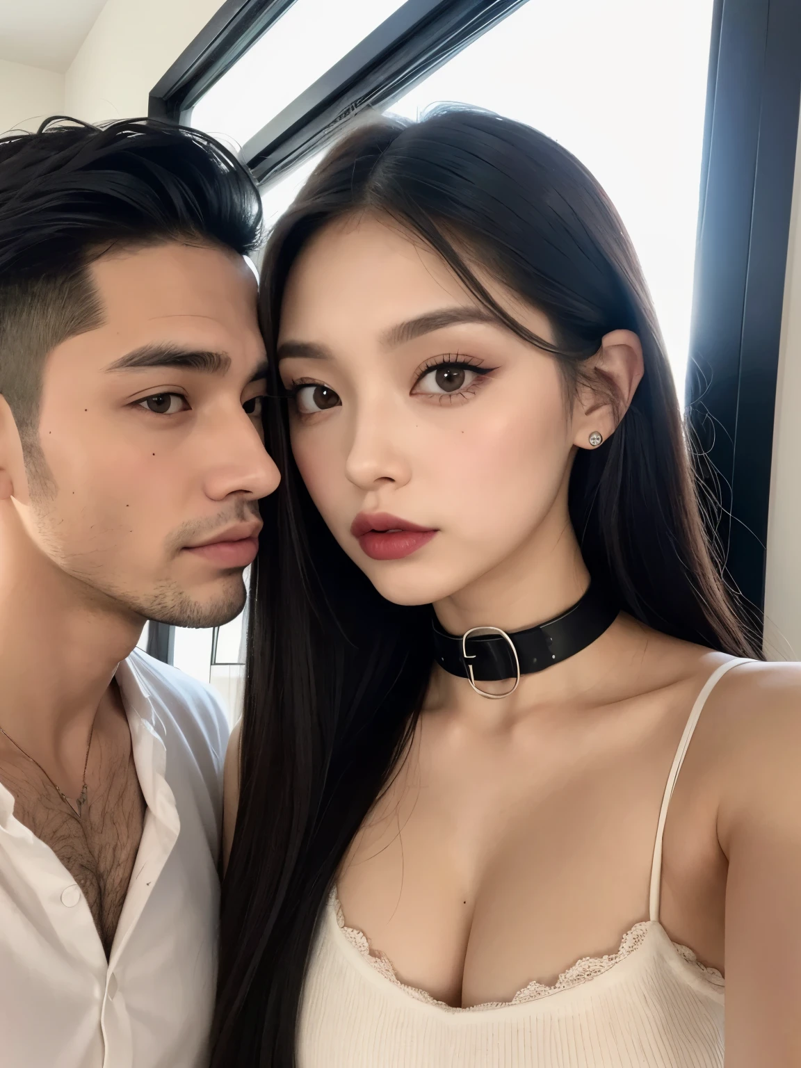 Kim Jennie con el cabello negro oscuro, con rulos en las puntas del cabello negro oscuro, con un ganchito de estrella en el cabello negro oscuro, ojos de color claro, ojos bonitos, ojos llorosos, nariz bonita y respingada, labios bonitos, labios rosas, heart and cupid shaped lip, piel bonita, pale, piel blanca, con lunares y pecas en todo el rostro, rubor rosa suave en las mejilla, rubor rosa natural, dark and gothic makeup, Jennie gotica, mientras ella esta con un chico lindo a su lado, with a cute asian boy standing next to her, mientras hay un torso de hombre, mientras el hombre'His hand is on his jaw.., manos bonitas de hombre, with a gothic boy, cuellos bonito, cuello marcado, frown, mirada enojada, con un collar de beso, un collar bonito de beso, mientras sus pezones son notorios (pechos grandes, pechos suaves, pechos bonitos, pechos naturales), con un vestido blanco, vestido corto y transparente, visible on the nipple, con un chico a su lado, con su novio, mirando a la camara, autofoto