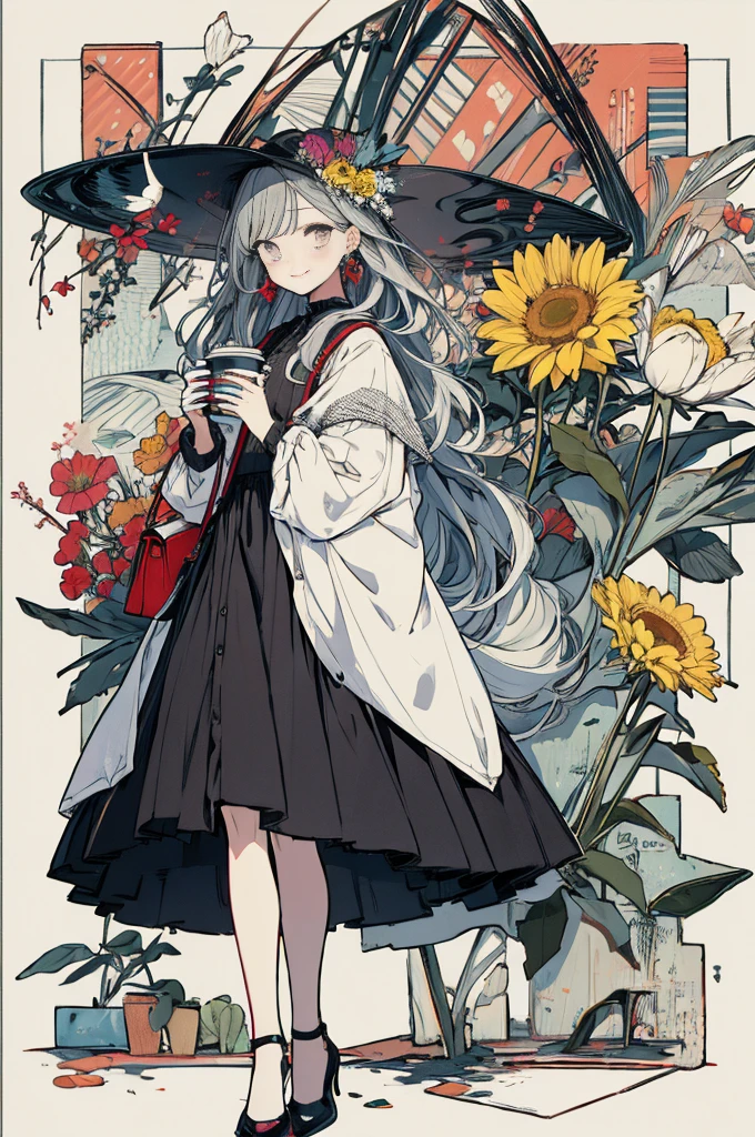 (masterpiece:1.2), highest quality,pixiv,sweet girl , 1 girl, flower, cup, have, bob hair, gray hair, bag, high heels, food, jewelry, earrings, looking at the viewer, smile, holding, long hair, inner color、alone, fruits, knee-length dress， handbag, gray eyes, Colorful shoes, bird, yellow flower, envelope, english text, full body, white flower, shirt,Are standing, valentine color、colorful background、