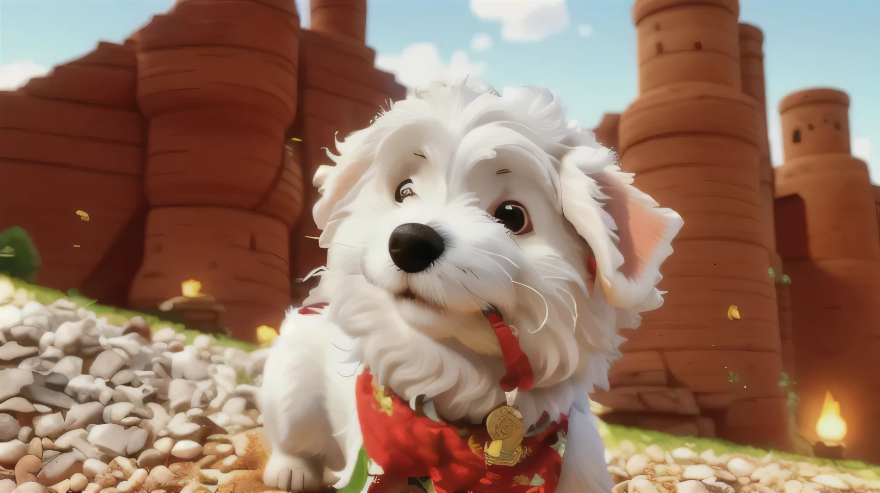 there is a small white dog wearing a red bandana on a gravel area, he‘s wearing a red neckerchief, wearing a bandana and chain, havanese dog, red bandana, small white dog at her side, bandana, aww, looking cute, super cute and friendly, r/aww, looking towards the camera, cute furry needs your help, bandanas