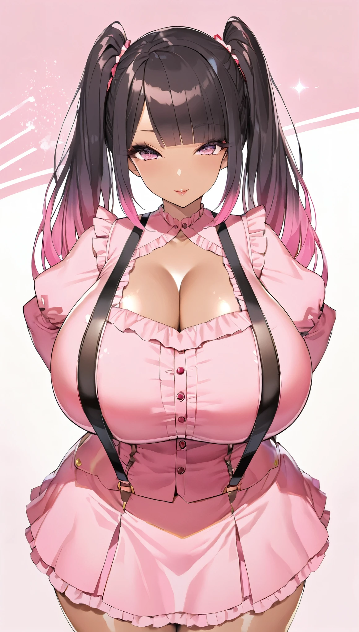 gigantic breasts,huge breasts,solo,eyeshadow,lip,Shiny eyelashes,black hair,mature woman, cleavage,pink hair,(((gradation hair))),blont bangs,twin_tails hair,Mine style fashion, pink frilly shirt, flared mini skirt, long sleeves, puff sleeves, suspenders, buttons, frill trim,,cowboy shot,jiraikei,