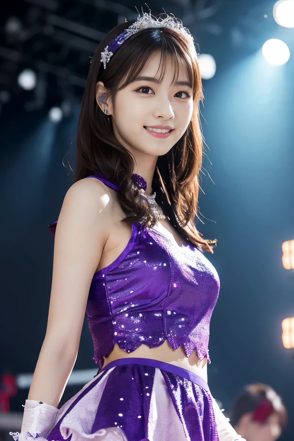 1 girl, (Wearing a bright purple idol costume:1.2), Photo collection of very beautiful Japanese idols,
(Raw photo, highest quality), (realistic, Photoreal:1.4), (masterpiece),
very delicate and beautiful, very detailed, 2k wallpaper, wonderful, finely, very detailed CG Unity 8K 壁紙, Super detailed, High resolution, soft light,
beautiful detailed girl, very detailed目と顔, beautifully detailed nose, finelyて美しい目, cinematic lighting,
(idol concert:1.4), (The background is a stage:1.3),
complete anatomy, slender body, small, smile