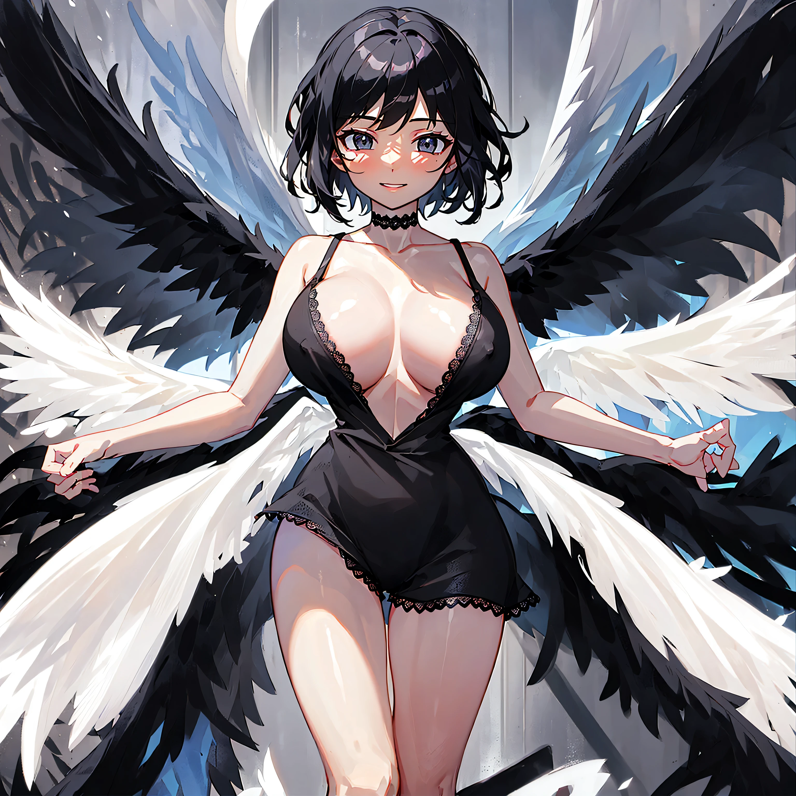 (1 seraphim girl standing on peak of frozen snowy mountain) higher than overcast, blowing frozen wind, (solo), swinging back, multiple wings, (she has 12 wings on her back), (6 white wings:1.5) and (6 black wings:1.5), BREAK, (wearing nothing without a lace trimmed sheer short black chemise:1.8), (black plunging neckline:1.2), shoulder straps, too short black skirt flapping by wind, stiletto heels, BREAK, (black short hair:1.3), sidelocks, black eyes, collarbone, (bouncing large perky breasts:1.2), (cleavage), inconceivably narrow waist, (bared skinny arms), (bared skinny long legs), thigh gap, tiptoe, BREAK, baby face, nose blush, smile for viewer, open mouth, orgasm, BREAK, full body, (extremely detailed CG unity 8k wallpaper), (beautiful detailed), (ultra high resolution), (masterpiece:1.2), (best quality), (beautiful illustration), (nsfw:1.0)