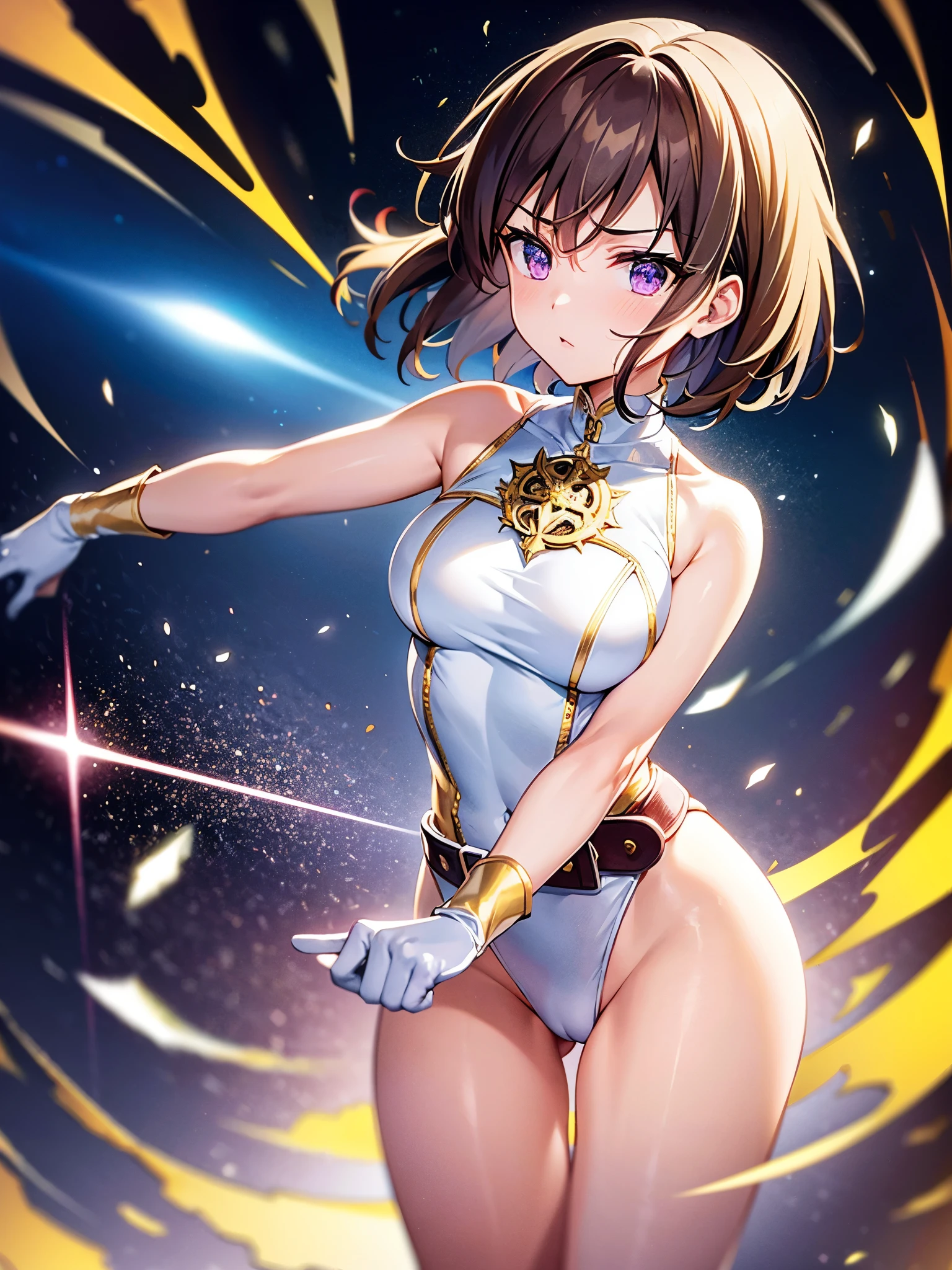 masterpiece, best quality, hyper detailed, ultra detailed, 1girl, medium breasts, ((leotard, white and red leotard, bare legs, tight belt, gold belt)), boots, matching boots, ankle boots, white boots, gloves, white gloves, solo, single, hands on hip, standing straight, full body shot, cowboy shot, superhero, beautiful detailed eyes, mature lady, ((gold star symbol on chest)), brown hair, short hair, bob hair, purple eyes, sleeveless, perfect anatomy, spread arms, spinning, spins fast in place like a tornado, twirling in place, tornado spinning, rapid gyration, space backdrop, motion blur, speed lines, spiral lines, tornado, time warp, spinning energy pulse, light particles, spinning energy pulse, light particles. serious