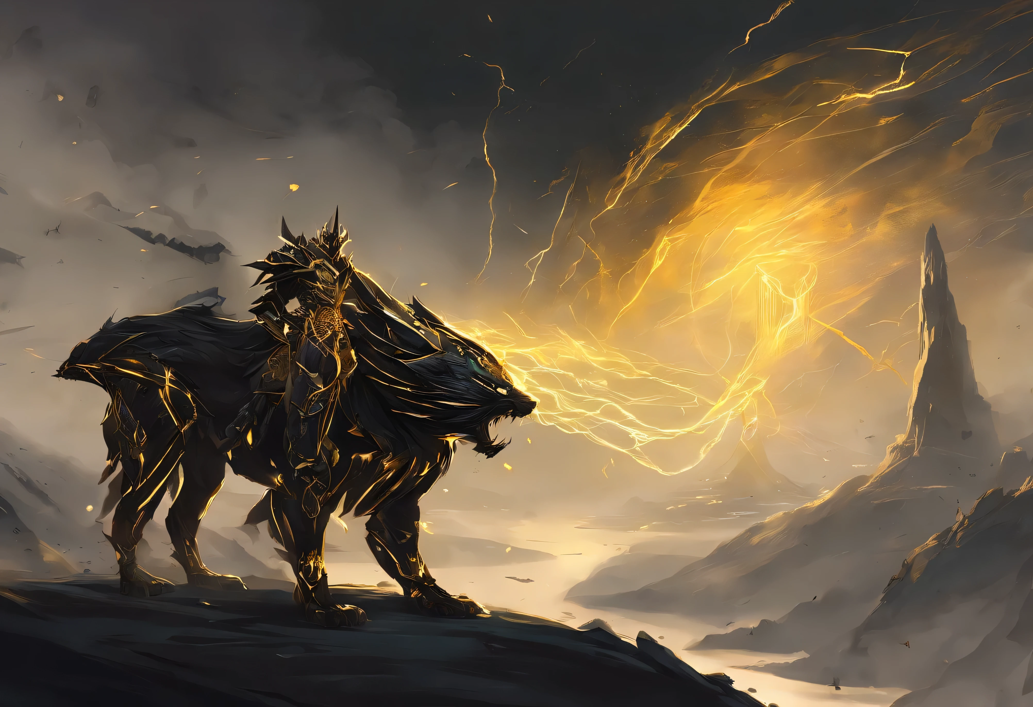 "Suleimane+Stylized portrait of a majestic warrior with intricate armor and a fierce expression, emanating power and strength, Against a dramatic backdrop, banhado em quente, Tons dourados, casting long shadows and creating a sense of epic and grandeur showing the full body."