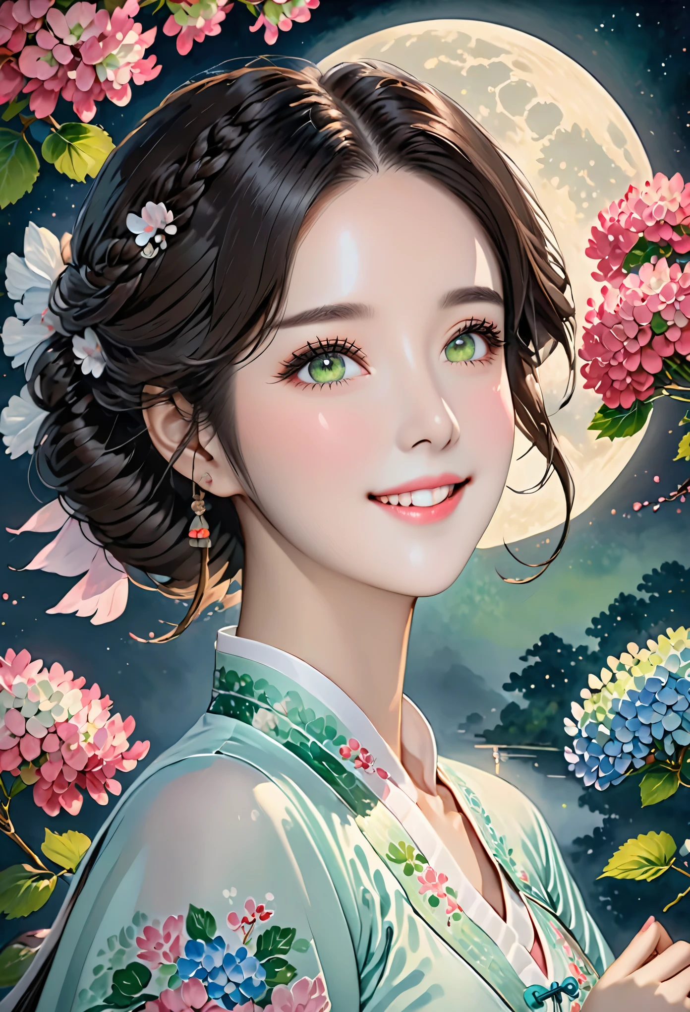masterpiece, the best, night, full moon, 1 female, mature woman, Chinese style, China, Sister, Royal sister, Smile, Dark brown hair, black hair, princess cut, braid, curls, Double ball head, light pink lips, calm, intellectuals, Medium long hair, green pupils, hairpin, hydrangeas, delicate face, face close-up, Close-up of the hand