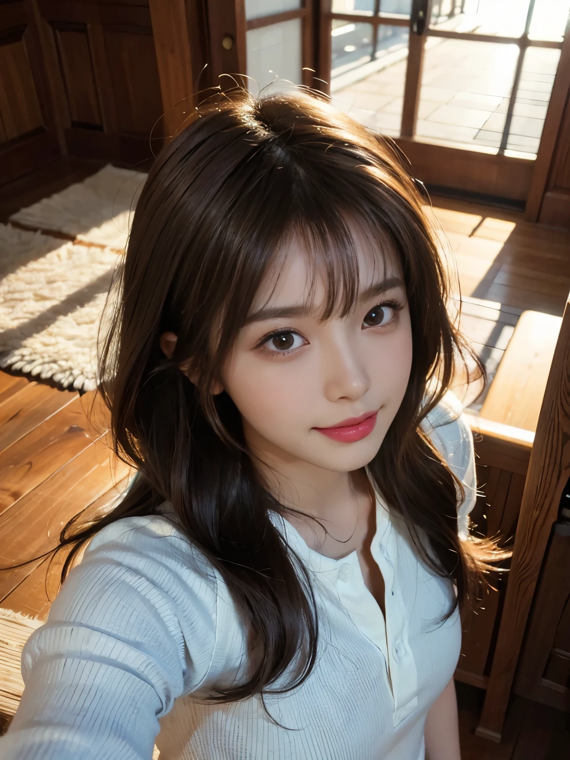 (highest quality,8K quality,masterpiece:1.3),(ultra high resolution,photorealistic:1.4,Live shooting),(Super detailed,caustics),(ultra-realistic capture,Beautifully detailed skin),19-year-old,beautiful Japanese, medium hair, messy hair, asymmetrical bangs, brown hair, Smiling and looking at the camera,soft light,A ray of light shining from above,Natural light,