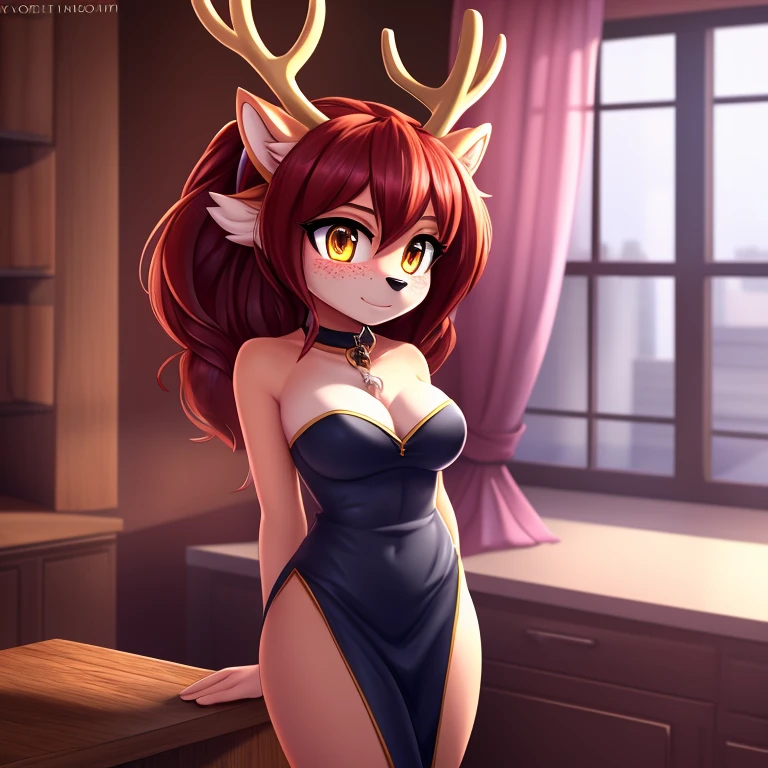 masterpiece, best quality, ultra-detailed, cinematic lighting, beautiful lighting, detailed background, 1girl, breasts, blush, furry, furry female, cute, red hair, horns, freckles, antlers, fur trim, fur collar, small breasts, cleavage, deer ears, body fur, animal ears, reindeer antlers, yellow eyes, strapless short slit dress, long hair, 