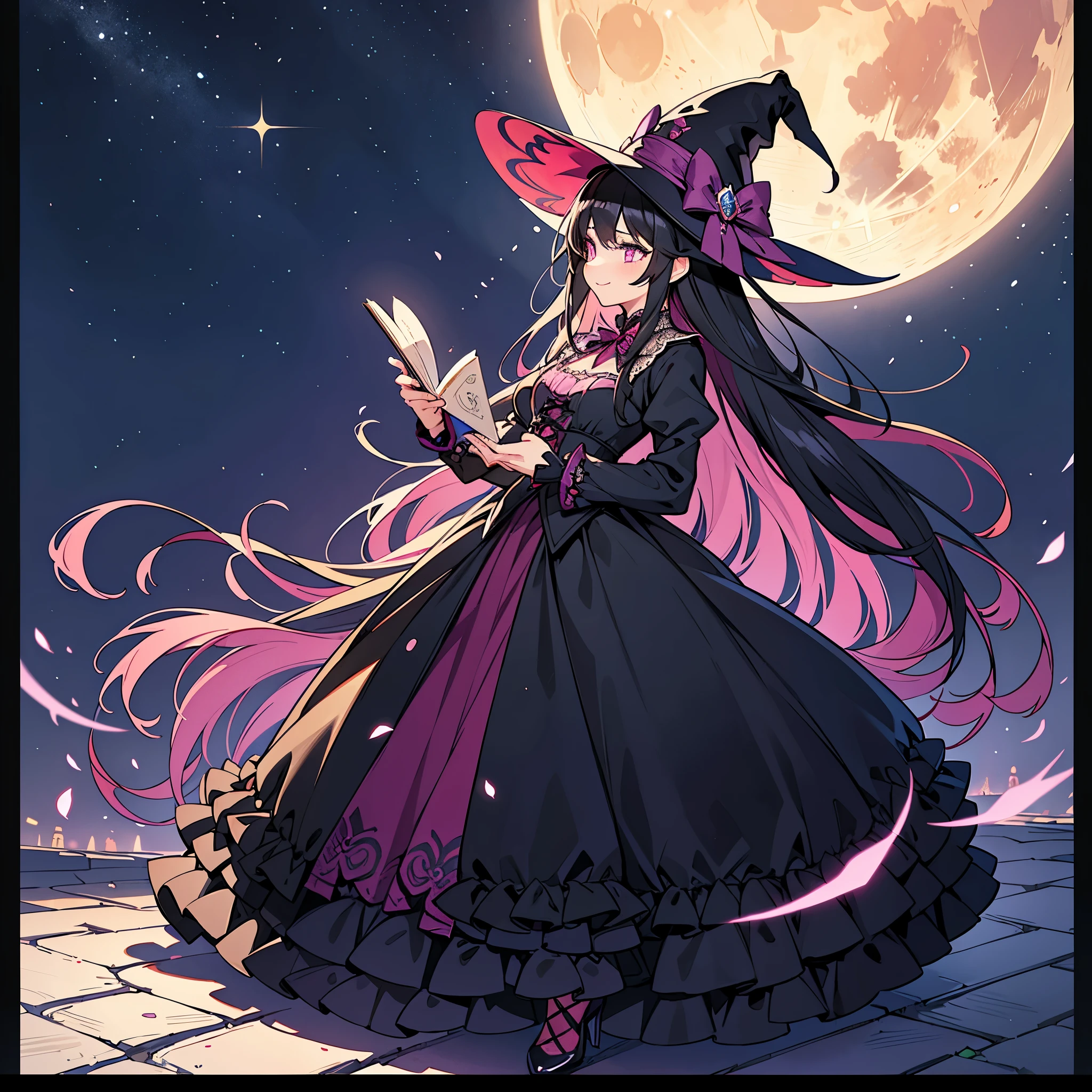 (highest quality,4k,8K,High resolution,masterpiece:1.2),Super detailed,(realistic,photorealistic,photo-realistic:1.37), A teenage boy joins a coven of witches、Given the gift of femininity, He magically transforms into a cute teenage witch girl, She embraces her new identity、A maiden of magic、eager to learn magic, sex change ritual, pink eyes, long black hair, Happy, The witches are helping the new girl dress up, she looks happy、She&#39;s wearing a stunning black Victorian dress。, gorgeous dress designs,flowing gown,Exquisite lace detail,rich texture,contrast stitching,delicate ribbon ribbon,Floral accents,full skirt,high neckline,long sleeve,fitted waistline,flare cufflinks,Lace Upback,Luxurious fabrics,perfect silhouette,high heels,pointy hat, magical transformation, detailed facial features, glowing and vibrant pink eyes, flowing and glossy long black hair, happy and excited look, Fun and bright atmosphere, Surrounded by a mysterious aura, Magic book and potion in the background, Inside the abandoned castle, A moonlit night with a full moon shining above, Soft and fantastic lighting, A group of witches welcomes a new girl to their group., fun celebration, The witches help the new girl dress up,Quickly help the new girl wear a stunning black victorian dress, Feminine and elegant movements, A cauldron full of sparkle and magical essence., Black and purple hues dominate the color palette, A whimsical and enchanting atmosphere, Breathtakingly beautiful and fascinating nature, A sense of empowerment and self-discovery.