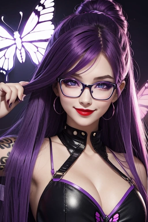 a purple haired girl, glasses, smooth skin, blue eyes,vivid colors, punk rock hairstyle, long straight hair, red lips, cheering, smile, butterfly magic,