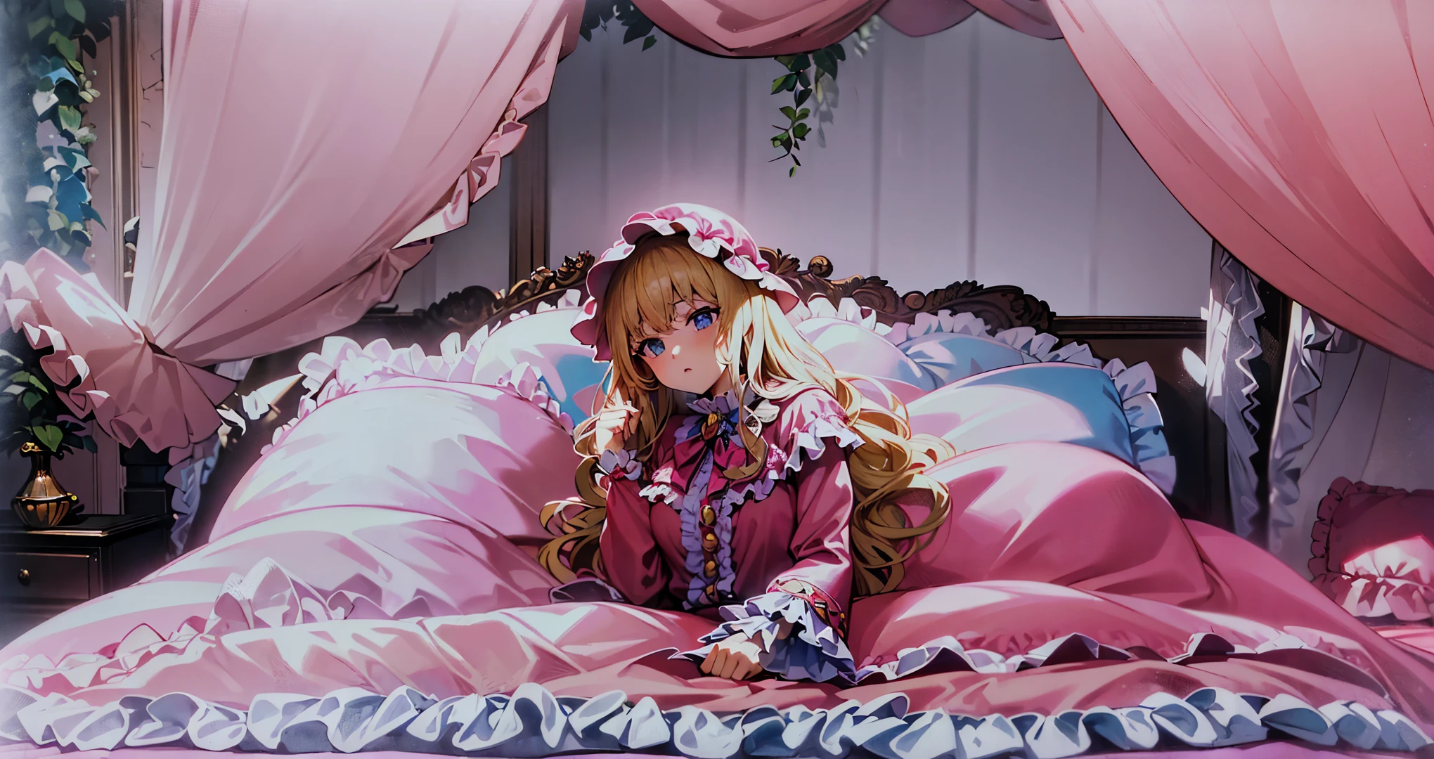 ,highest quality, masterpiece, highest resolution, artwork, super それにget used to it, many get used to it, get used to it, それにget used to it, 3K anime illustration,(( 10 year old girl)),Super detailed baby face,high quality small face,long blonde hair that grows to the waist,blue eyes,白い肌のeuropean,pajamas, european,(((super long blonde hair))),curly hair,blue eyes,((((ピンクのロリータファッションのlong skirtのワンピースドレス)))),((Pink dress with lots of frills and ribbons)),((Luxurious headdress with frills and ribbons)),detailed headdress,,(((big yoke collar))),Yoke collar with ruffles and ribbons,((((long sleeve)))),ruffle sleeves,((((long skirt)))),white ruffle and lace socks,large frill and ribbon pillow,(((Nice pink outfit))),豪華なcanopy bedの上,canopy bed,The bed is surrounded by luxurious curtains,many frilly pillows on the bed,There are many frilly pillows behind the girl.,super detailed background,detailed bed,soft pink comforter,Highly detailed soft ruffle pillow,Beautiful girl illustration,detailed beautiful face,fine hair,detailed eye ,detailed eyes,detailed mouth, arm details,fine hands,Detailed pillow,wide bed,Illustration on the bed, ,((((round futon)))),((((A large ruffled futon that covers the entire bed)))),detailed comforter,detailed bedシーツ,Before bedtime,romantic atmosphere,palace bedroom,((((The lower half of the body is hidden under the futon and the puffy skirt....)))) The girl is leaning on a pile of pillows, ,((((round futon)))),((((A large ruffled futon that covers the entire bed)))),