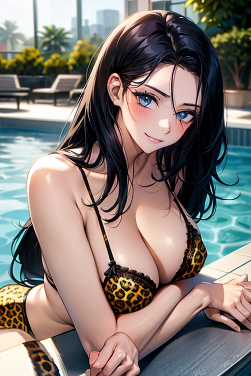 Black hair, long hair, blue eyes, sexy, large breasts, beautiful body, masterpiece, smile, ((leopard print lingerie)), sexy lingerie, hotel swimming pool,busty, buxom, curvy, voluptuous