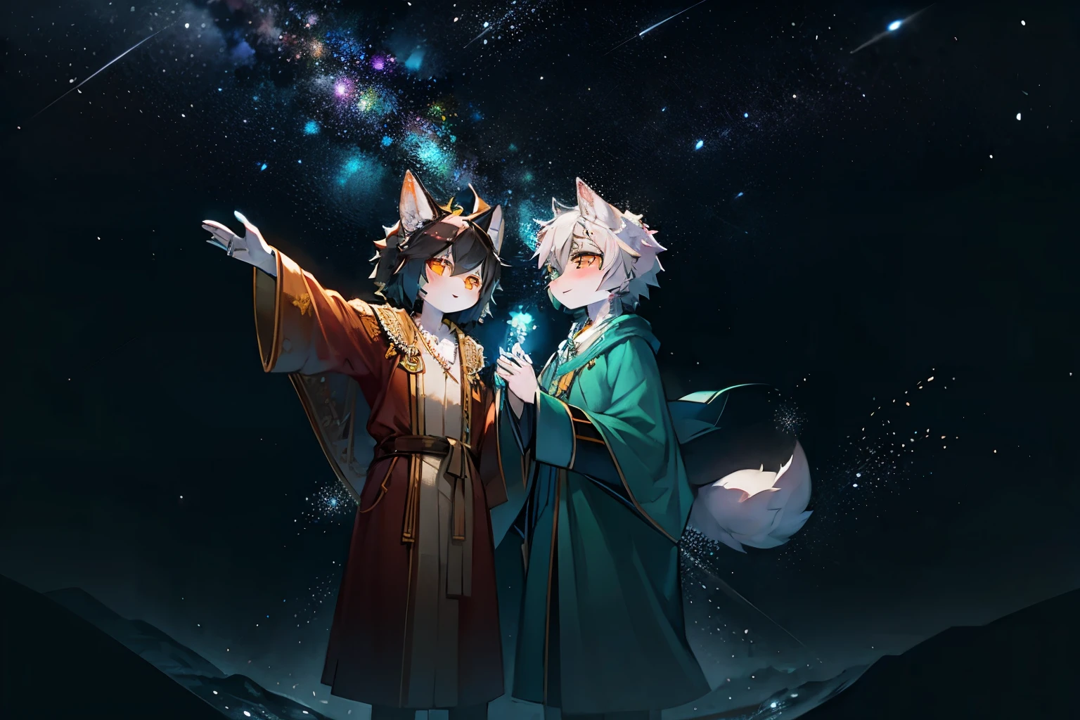 A white deer with green pupils and white hair，A wolf with black hair and orange eyes，Imaginative picture，Flying in space，Brilliant Milky Way，Green pupils，Star，flowing robe，Fluttering robes，holding a hand，Lovely shota，hangs in the air，Double，Turquoise robe，orange robe，