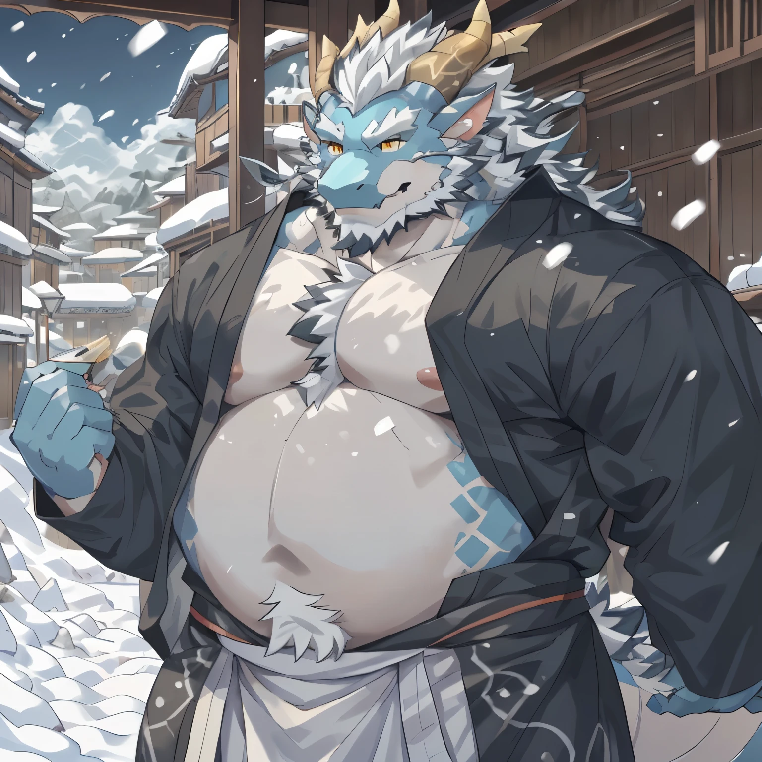 (black skin oriental dragon),(Black and White Yin Yang Shogun Naked Breasts Kimono),Strong stance,stand calmly,(The background is a city covered in ice and snow:1.2),abdomen ,heroic posture valiant,perfect masterpiece,Various facial details,distance perspective,specific description,masterpiece,CG,(golden eyes),black and white pattern,dark purple tail,General,heroic posture,dragon,black and white fur,specific facial details,Half body,(Chang Ling),((middle aged)),(Face focus),(16K),HD,black and white belly,temple,beard,(Noodles),different students,(Black and white yin and yang nude kimono),(black and white hair),Strong,muscle,(High resolution:1.3),(Standing in front of the snow-covered city),(close up),(Detailed face:1.5),Perfect details,(Half body),(Detailed depiction of face:1.5),(Zoom in on face:1.5),(White Noodles:1.2),(black beard:1.3),(white face;1.6),white body,Dense chest hair,dense abdomen hair,naked abdomen,Naked breasts,Fat body