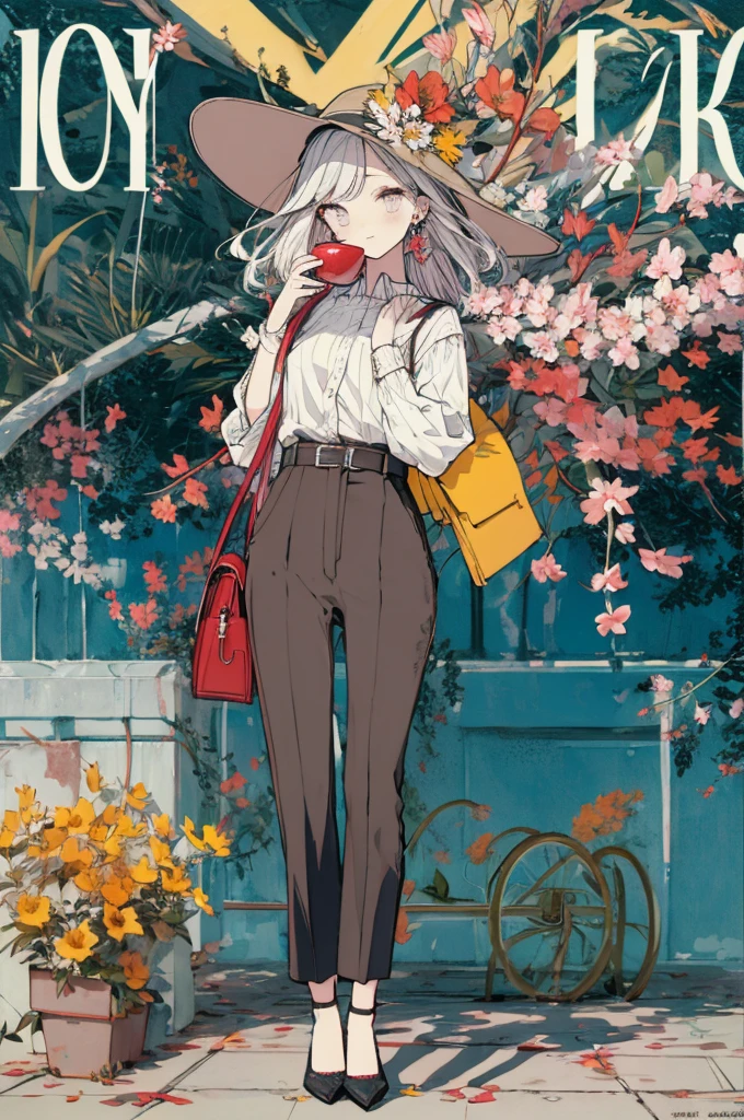 (masterpiece:1.2), highest quality,pixiv,sweet girl , 1 girl, flower, cup, have, bob hair, gray hair, bag, high heels, food, jewelry, earrings, looking at the viewer, smile, holding, long hair, inner color、alone, fruits, pants style， flower柄のshirt、handbag, gray eyes, Colorful shoes, bird, yellow flower, envelope, english text, full body, white flower, shirt,Are standing, cherry blossoms、colorful background、
