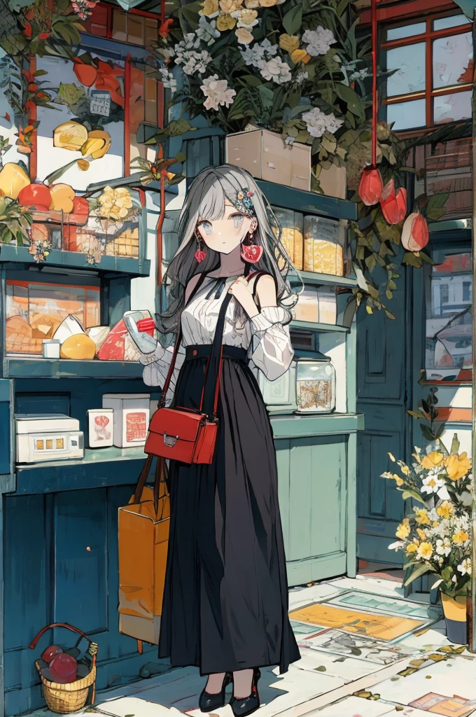 (masterpiece:1.2), highest quality,pixiv,sweet girl , 1 girl, flower, cup, have, bob hair, gray hair, bag, high heels, food, jewelry, earrings, looking at the viewer, smile, holding, long hair, inner color、alone, fruits, pants style， flower柄のshirt、handbag, gray eyes, Colorful shoes, bird, yellow flower, envelope, english text, full body, white flower, shirt,Are standing, cherry blossoms、colorful background、(masterpiece:1.2), highest quality,pixiv,sweet girlのポートレート, 1 girl, teddy bear, うさぎのstuffed toy, stuffed toy, alone, holding, have, holding stuffed toy, heart, bow, hair ornaments, sign, earrings, jewelry, Upper body, striped, Black headband, looking at the viewer, have bow, closed mouth, bangs, bare shoulders, hair between eyes, box,, brand hair, striped bow, gift, blue eyes, garden background, Alice, chocolate, ribbon, Braid, nail polish, shirt, wrist cuffs, gift 箱, black bow, Blue dress, white apron、two tone background, vertical stripes, hair ring, smile, long hair 、full body、whole body、