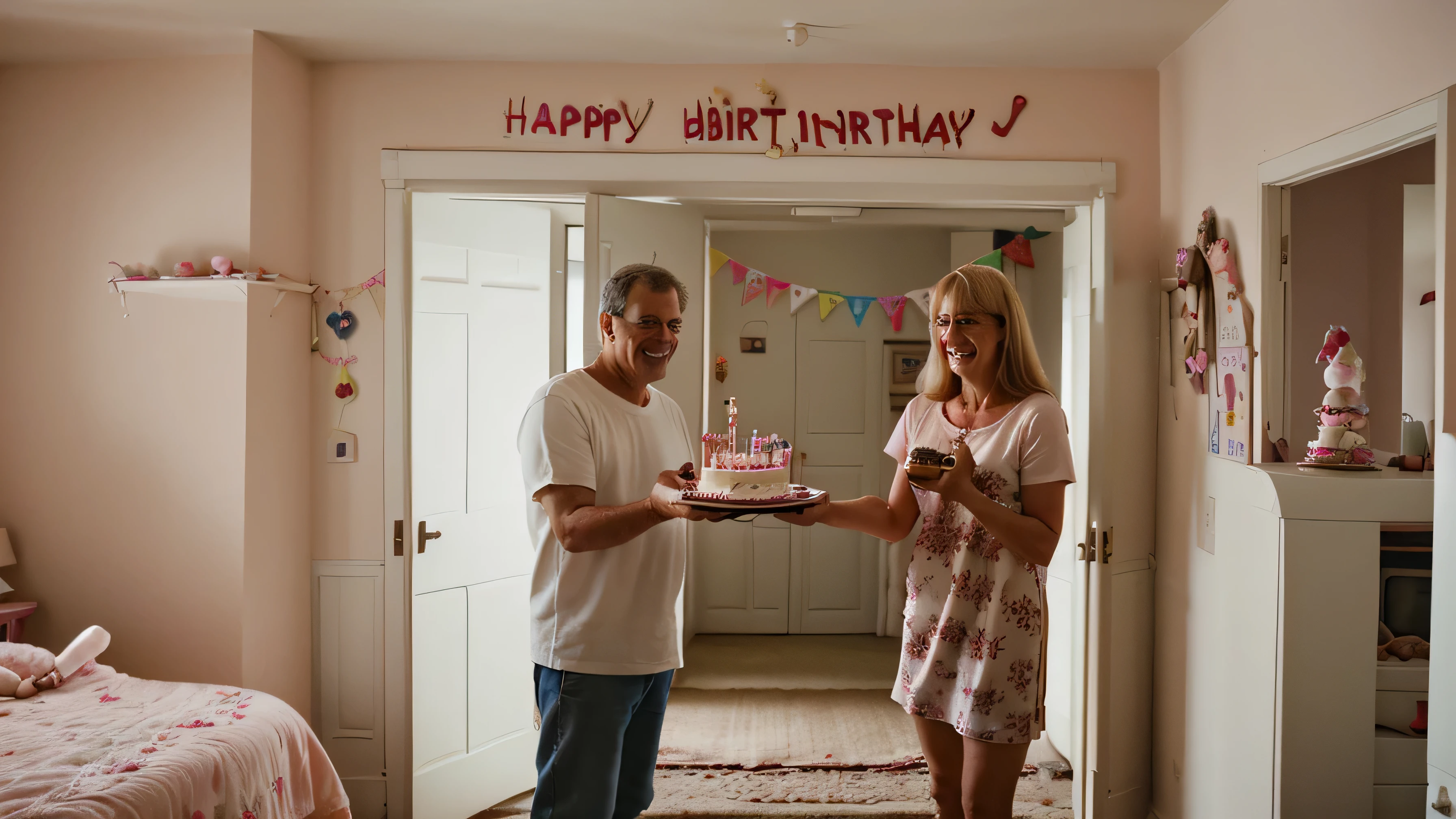 My parents at the door of my bedroom with a cake in their hands for my birthday