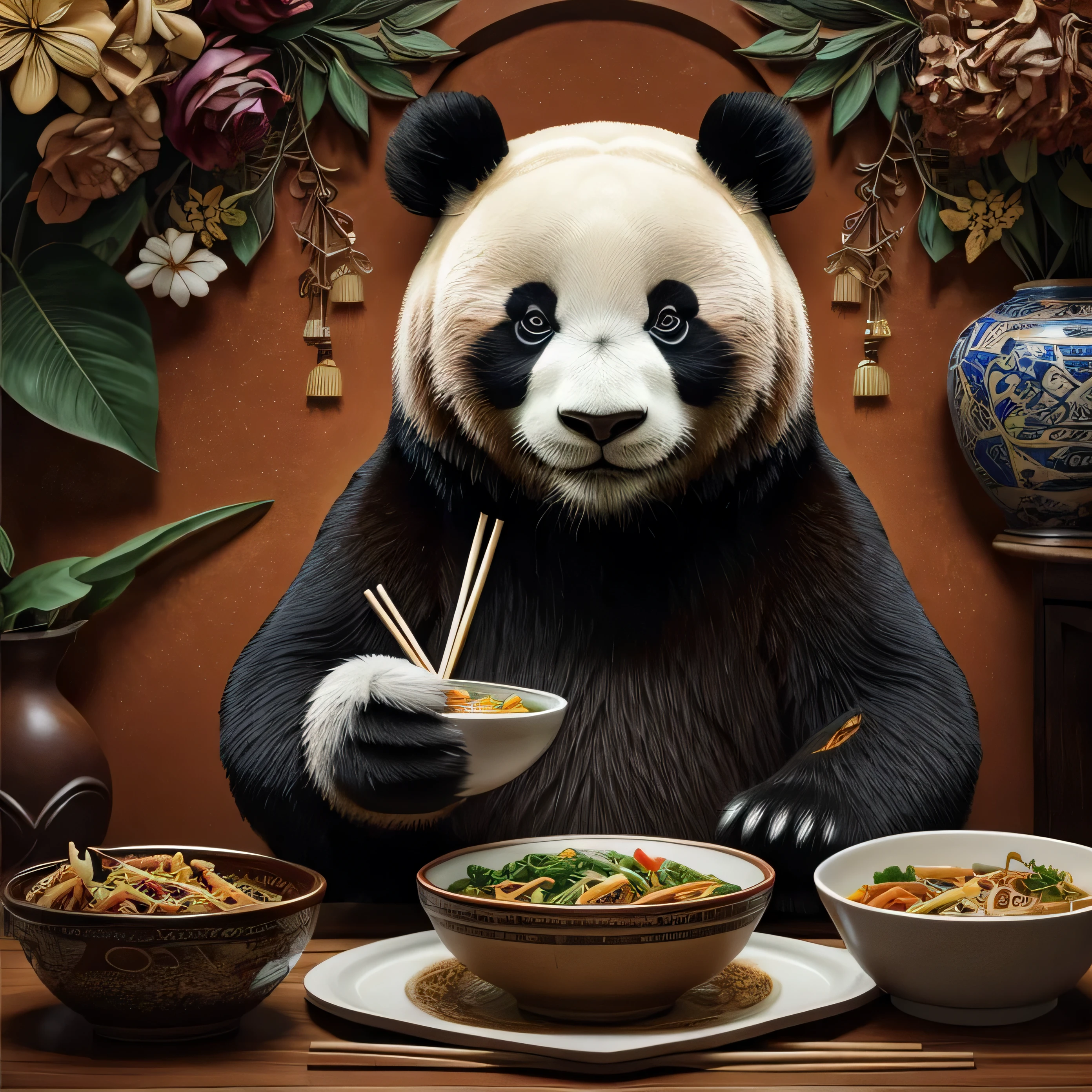 The size of the square 4x4, a lifelike panda holding a bowl, holding chopsticks eating Chinese food, very happy face and in front of a table of different Chinese dishes, in a chinese restaurant, contemporary art collage, with Clear fur,some smart insects, painted, super detailed, full color, bright colors, 8K, actual , no white background, no extra head， The entire painting is colorful and visually vibrant 