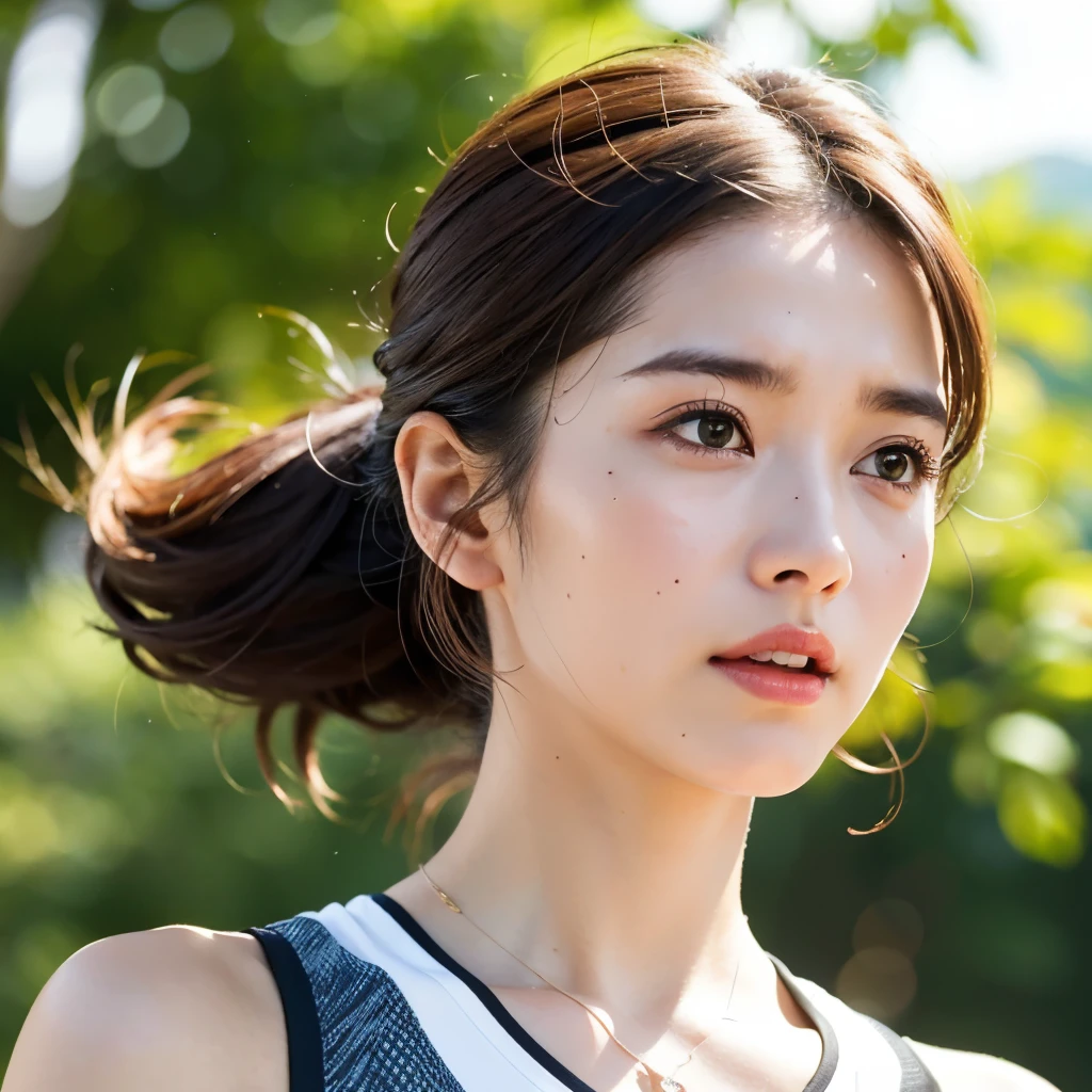 best quality,masterpiece,ultra high res,(photo realistic:1.4),beautiful lighting, (extremely detailed CG unity 8k wallpaper), detailed beautiful face,detailed clothes, 50mm portrait photography, 1girls,big brown eyes, cute, young, posing, professional lighting, physically-based rendering,depth of field , brown hair, mole under eye, ((take from upper)), (dirty running wear),27 years old, (Beautiful women running on scorching trails and sweating a lot),(1 girl),(embarrassed look)
