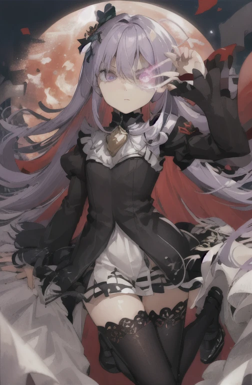 best quality, perfect face, anime, warm and soft lighting, ((1girl)), ((cute)), ((petite)), ((teen)), teenager, anime girl, ((pale skin)), , 1girl, long hair, ((purple hair)), ((red highlights)), red hair ribbon, big eyes, solid eyes, pink eyes, (white pupils), ((slit pupils)), (black elaborate gothic collar), shoulderless frilly long dress, frilly sleeves, (sleeves past hands), (black thigh-highs), red mary janes, best quality, high quality, detailed face, serious, expressionless, flying, night, full body, looking at viewer, (glowing eyes), (glowing eye), (eye trail), (sleeves past fingers), ((flaming eye))