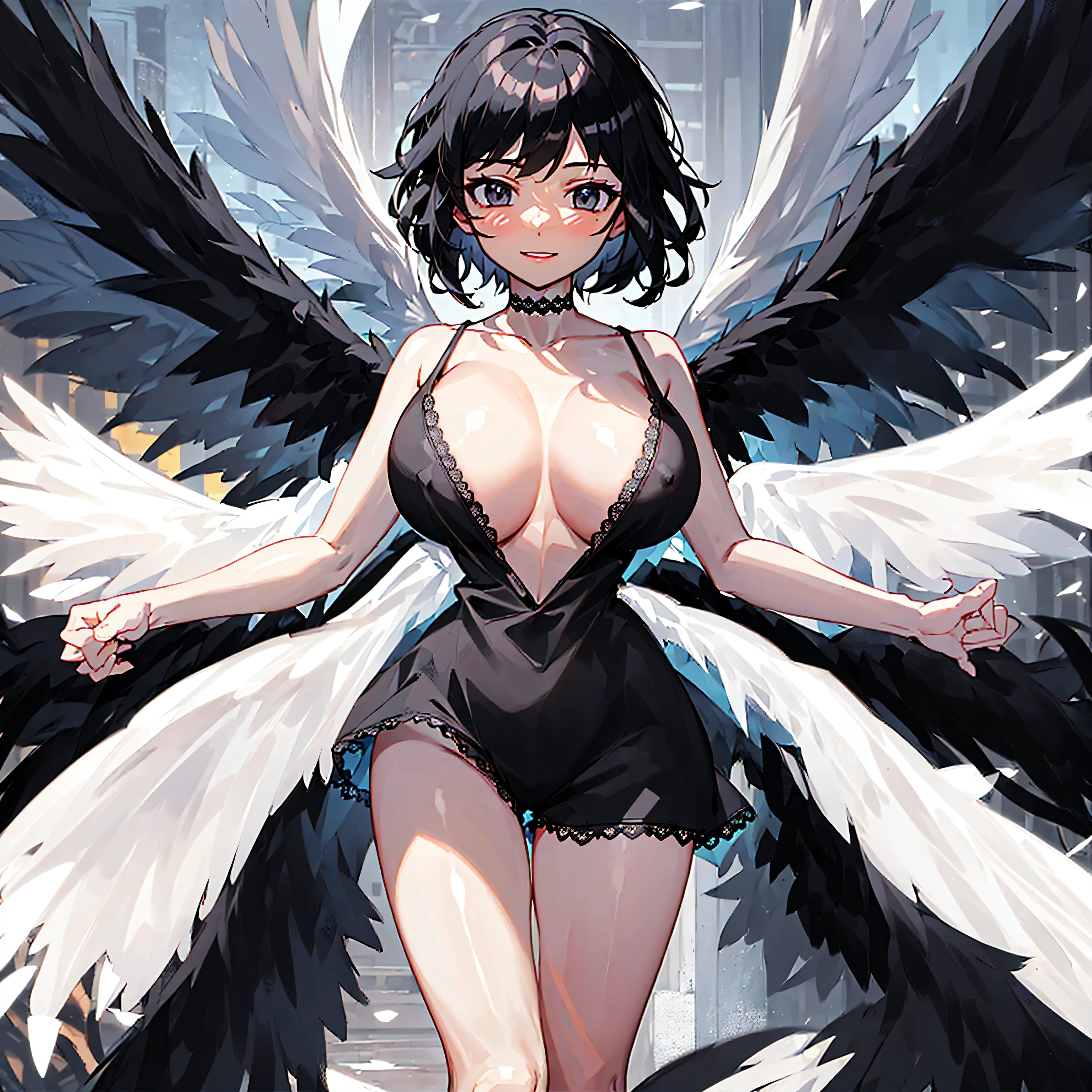 (1 seraphim girl standing on peak of frozen snowy mountain) higher than overcast, blowing frozen wind, (solo), swinging back, multiple wings, (she has 12 wings on her back), (6 white wings:1.5) and (6 black wings:1.5), BREAK, (wearing nothing without a lace trimmed sheer short black chemise:1.8), (black plunging neckline:1.2), shoulder straps, too short black skirt flapping by wind, stiletto heels, BREAK, (black short hair:1.3), sidelocks, black eyes, collarbone, (bouncing large perky breasts:1.2), (cleavage), inconceivably narrow waist, (bared skinny arms), (bared skinny long legs), thigh gap, tiptoe, BREAK, , nose blush, smile for viewer, open mouth, orgasm, BREAK, full body, (extremely detailed CG unity 8k wallpaper), (beautiful detailed), (ultra high resolution), (masterpiece:1.2), (best quality), (beautiful illustration), (nsfw:1.1)