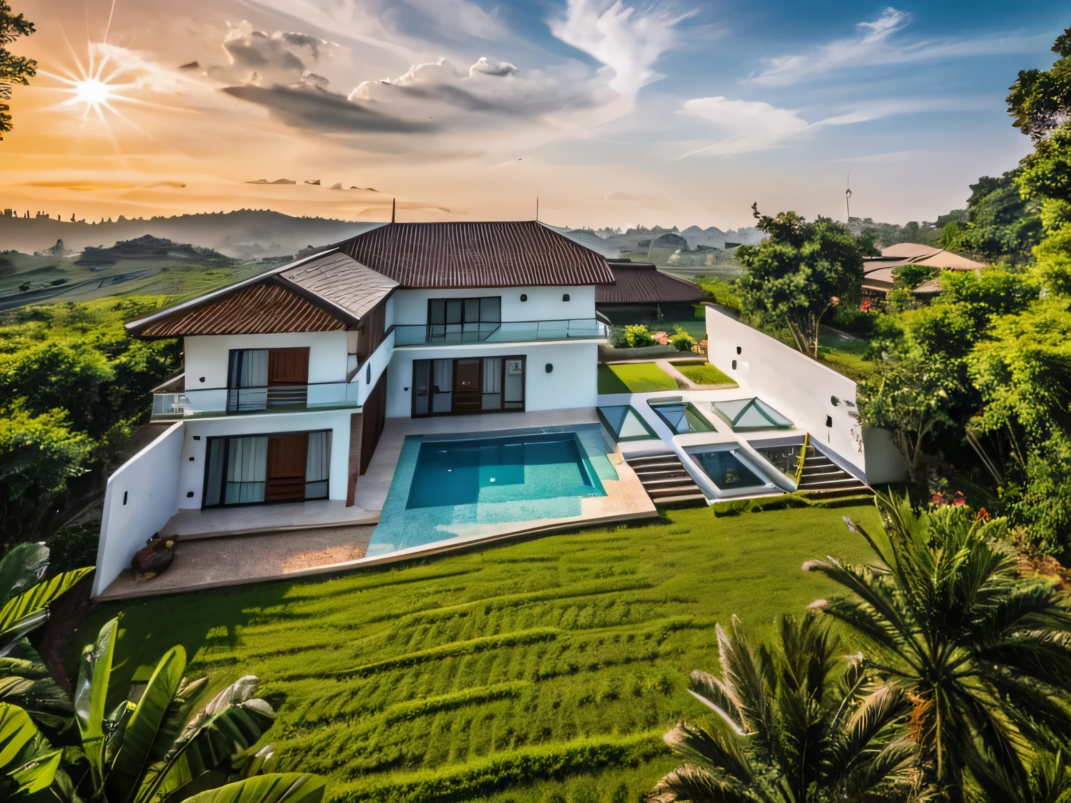 a modern house countryside Vietnamese with white siding and large windows, vietnamese style, exterior architecture, modern villa with concre material, sunlight, beautiful landscape, garden space rock around house, villa on the hill, beautiful sky, best quality,