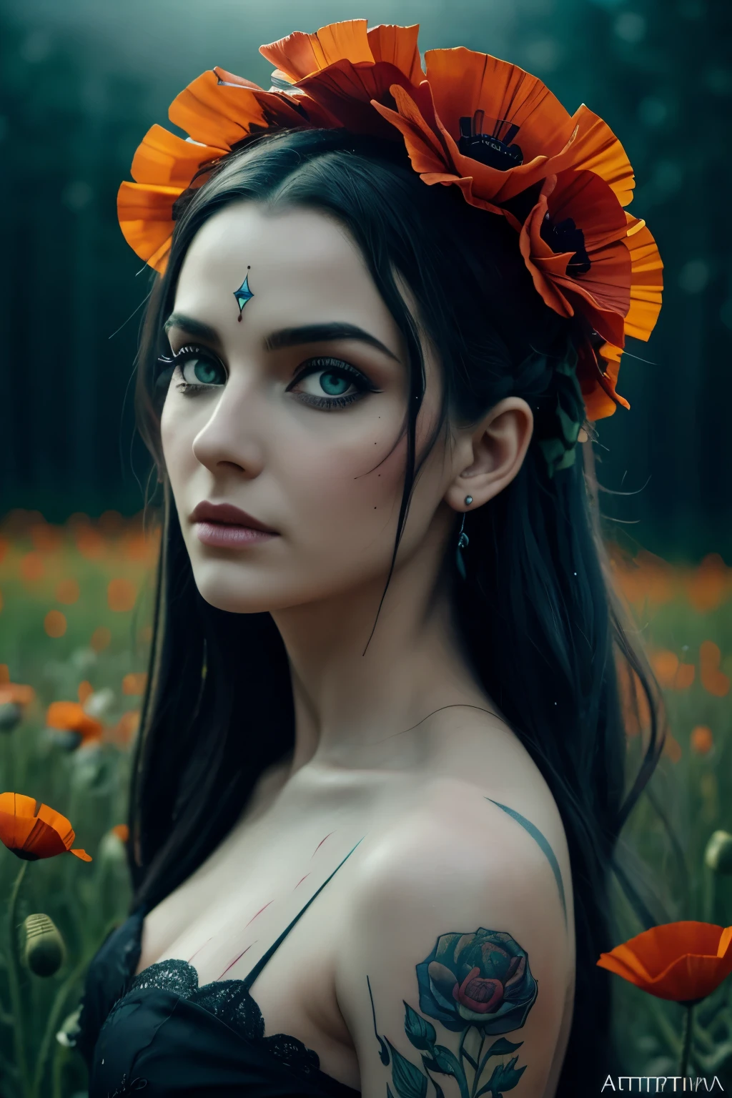 8K, ARTISTIC photogrAphy, best quAlity, mAsterpiece: 1.2), A (potrAit:1.2) Tim Burton's Corpse Bride style Diseny Toon Doll, in a field of flowers poppies with red petals , full body RAW candid cinema, 16mm, color graded portra 400 film, remarkable color, ultra realistic, sad admosphere, dark lighting, oppressive atmosphere, depressive colors, kodak portra 400, photograph,r, Natural Light, Salvatrucha tatoos, Crown Metal, Pinhead lighgts, blur reflection, Brush Strokes, Smooth, abstract, Splatter, Oil On Canvas, rainbow colors, fractal isometrics details bioluminescens : a stunning realistic photograph of wet bone structure, 3d render, octane render, intricately detailed, titanium decorative headdress, cinematic, trending on artstation | Isometric | Centered