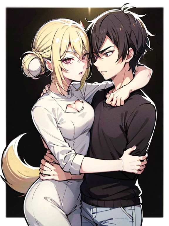 ((obra maestra de anime TV)), (enfoque medio cuerpo), (ojos bien definidos y detallados), Pareja heterosexual chico y chica Foxy adultos, varias poses juntos, you can see the mutual attraction, chica Fox pelo largo blanco o gris, radiante iris eyes brillan del ojo verde, ropa casual, chico pelo corto bicolor, rostro masculino, eyes are also bright red eyes and radiant black, ropa casual, -auto...