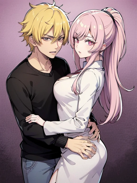 Anime, 4k, couple, 2person, pink long hair, bangs, pink eyes, huge breast, seductive, sexy, boy and girl, boy with abs, man and woman, 1 man, 1woman, body only man, cleavege, warehouse, indoor, topless man, shirtless man, untidy outfits, casual outfits, sweat, hot, dark warehouse , big boy, yandere girl, scary girl, girl grab a knife with a bloods, man sitting the chair roped body, boy kidnapped, ropped body man, knife, blood, on the bed, man in bottom, a girl kudnapping a man, seductive, hugging each other, bdsm, sitting man, girl on man's lap