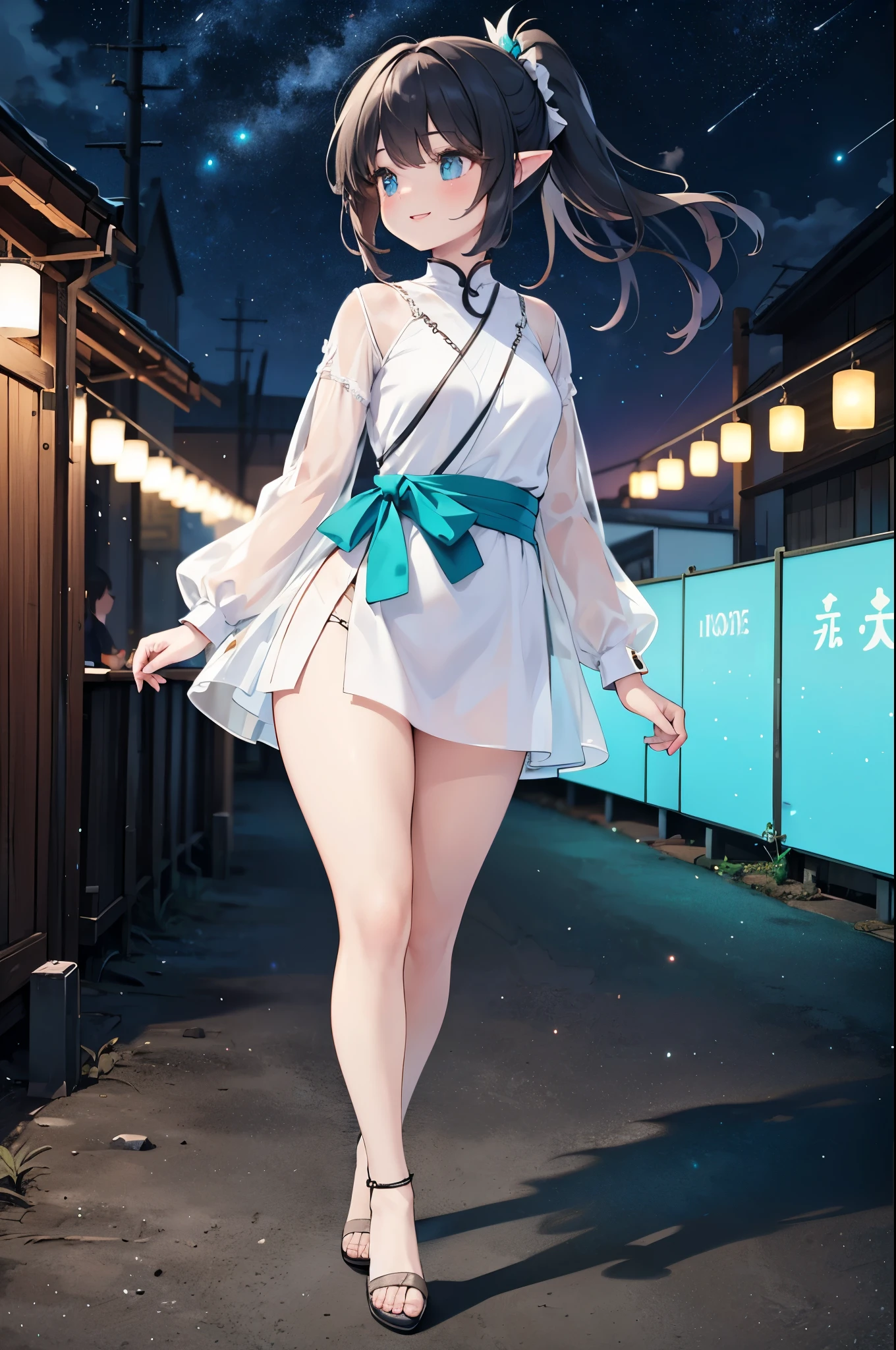 Realistic image, coherent image, detailed image, of 1 elf in a short, loose, white dress. She has black hair styled in a side braid and ponytail, turquoise eyes with long eyelashes. She has a small waist, wide hips and long legs with thick thighs. It is night with a starry sky. She is walking through a festival smiling happily. Profile view. Masterpiece of digital art, very detailed and coherent. complex, Soft focus, Dramatic shadows, ominous shadows, Good lighting, .ISO:100, F1.4, Rendered 4k.