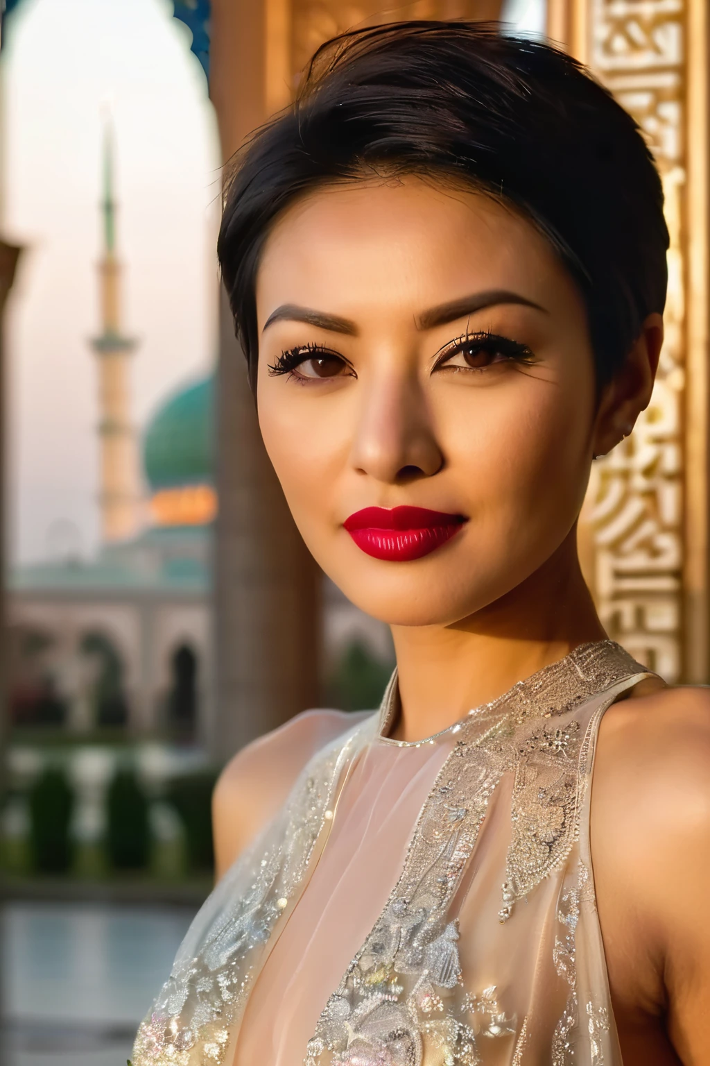 Portrait of a beautiful eurasian( half arab, half chinese) woman, aged 35, her slim pretty face, short hair, subtle lipstick, and a slender buxom body. she wears a transparent scandalously revealing evening dress. The background is a softly blurred mosque in tehran, emphasizing her beautiful features under natural light.
