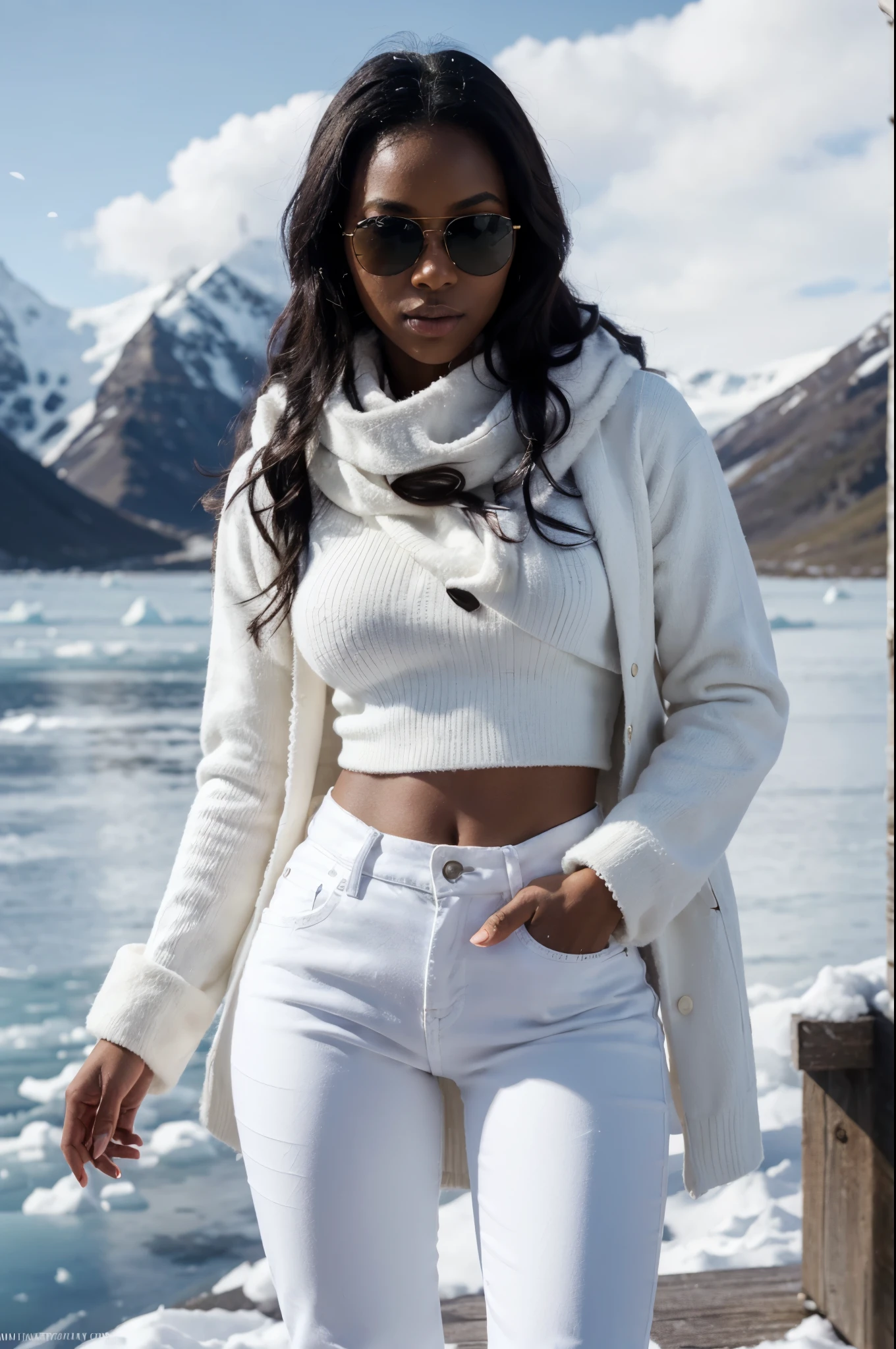 8k, RAW photo, best quality, ultra high resolution, (photorealistic), realistic photo of skinny ebony girl, (slim ebony girl, most beautiful ebony girl in the world, slim face, dark skin, black hair, long curly hair), in the arctic mountains, arctic glacier, snow, ice peaks, bright light, adventure, (full body portrait), wearing tight white jeans, (tight white jeans), wearing sweater, wearing white fur coat (white fur coat), wearing white scarf, (white scarf), wearing sunglasses, (sun glasses), wind blowing the hair, sexy face, looking at viewer, smirking, (extremely detailed CG unity 8k wallpaper), Sharp focus, (bright white neon light)