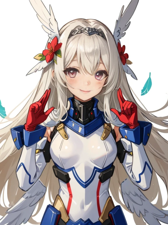 (master piece, highest quality), intricate details, valkyrie, cute, Smile, (((smile))), raise your hand, looking at the viewer, feather headgear, flower meadow,
1 girl, alone, portrait, tentacle pultinum blonde, drooping coral pink eyes, Silver Single Thigh, White separate single sleeve, gloves, single blade,
mecha musume, white bodysuit, silver reinforced suit, mini feather wings, Silver Pantyhose, full armor, Floral decoration
