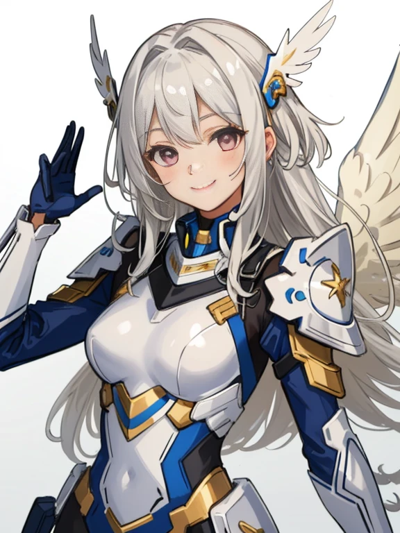 (master piece, highest quality), intricate details, valkyrie, cute, Smile, (((smile))), raise your hand, looking at the viewer, feather headgear, flower meadow,
1 girl, alone, portrait, tentacle pultinum blonde, drooping coral pink eyes, Silver Single Thigh, White separate single sleeve, gloves, single blade,
mecha musume, white bodysuit, silver reinforced suit, mini feather wings, Silver Pantyhose, full armor, Floral decoration