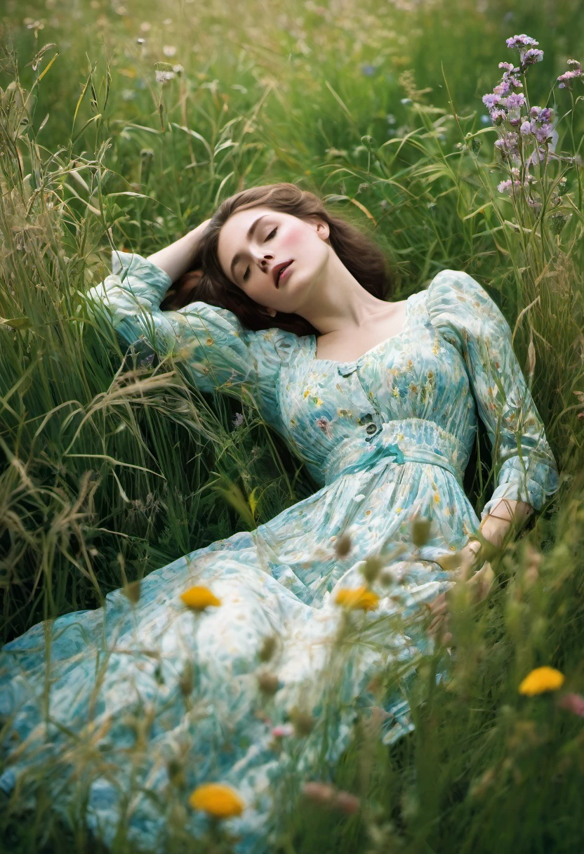 Art by Era Leisner, mysterious woman recumbent in a meadow with tall grass and wild flowers. Enchanting and ethereal scene.