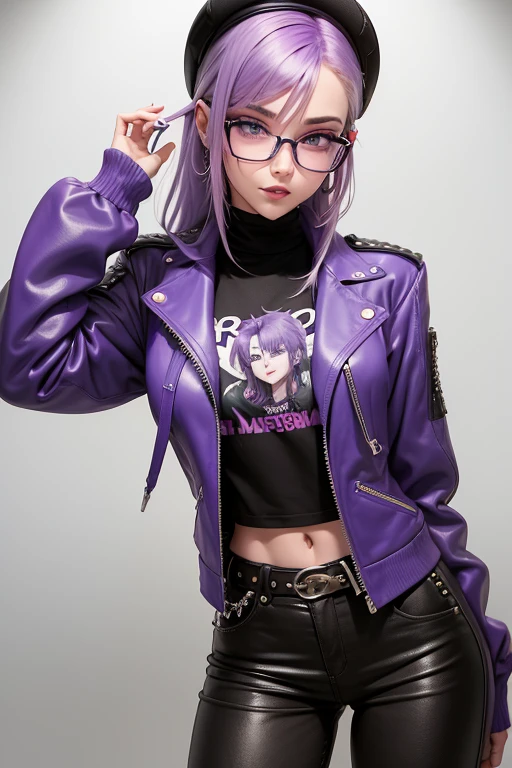(Best quality, lebendige Farben), Girl with purple hair, Brille, glatte Haut, blaue Augen, Punkrock-Frisur, langes glattes Haar, rote Lippen, jubeln, smile, Schmetterlingsmagie, Lederkleidung